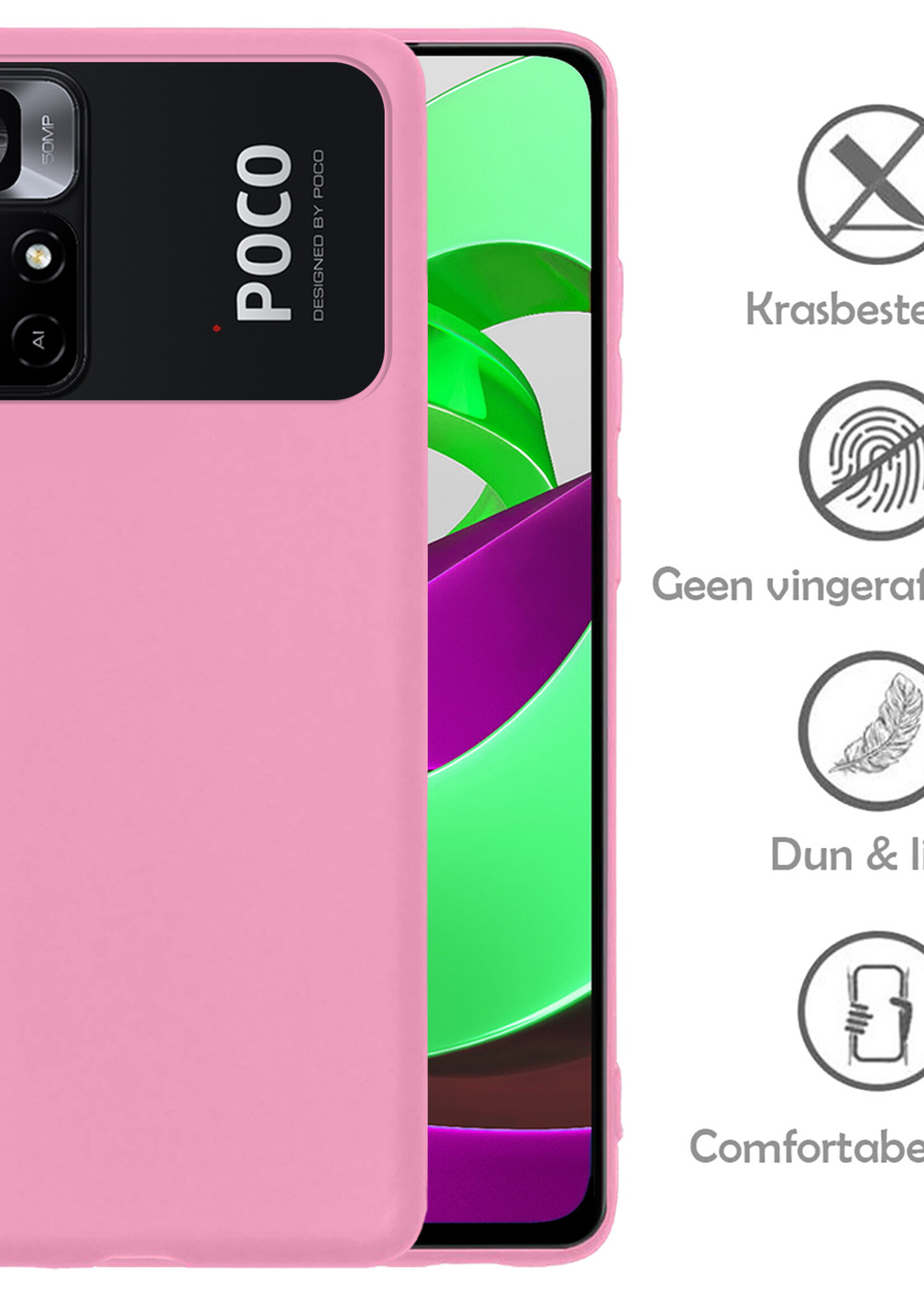 LUQ Hoesje Geschikt voor Xiaomi Poco M4 Pro 5G Hoesje Siliconen Case Met 2x Screenprotector - Hoes Geschikt voor Xiaomi Poco M4 Pro 5G Hoes Siliconen - Lichtroze