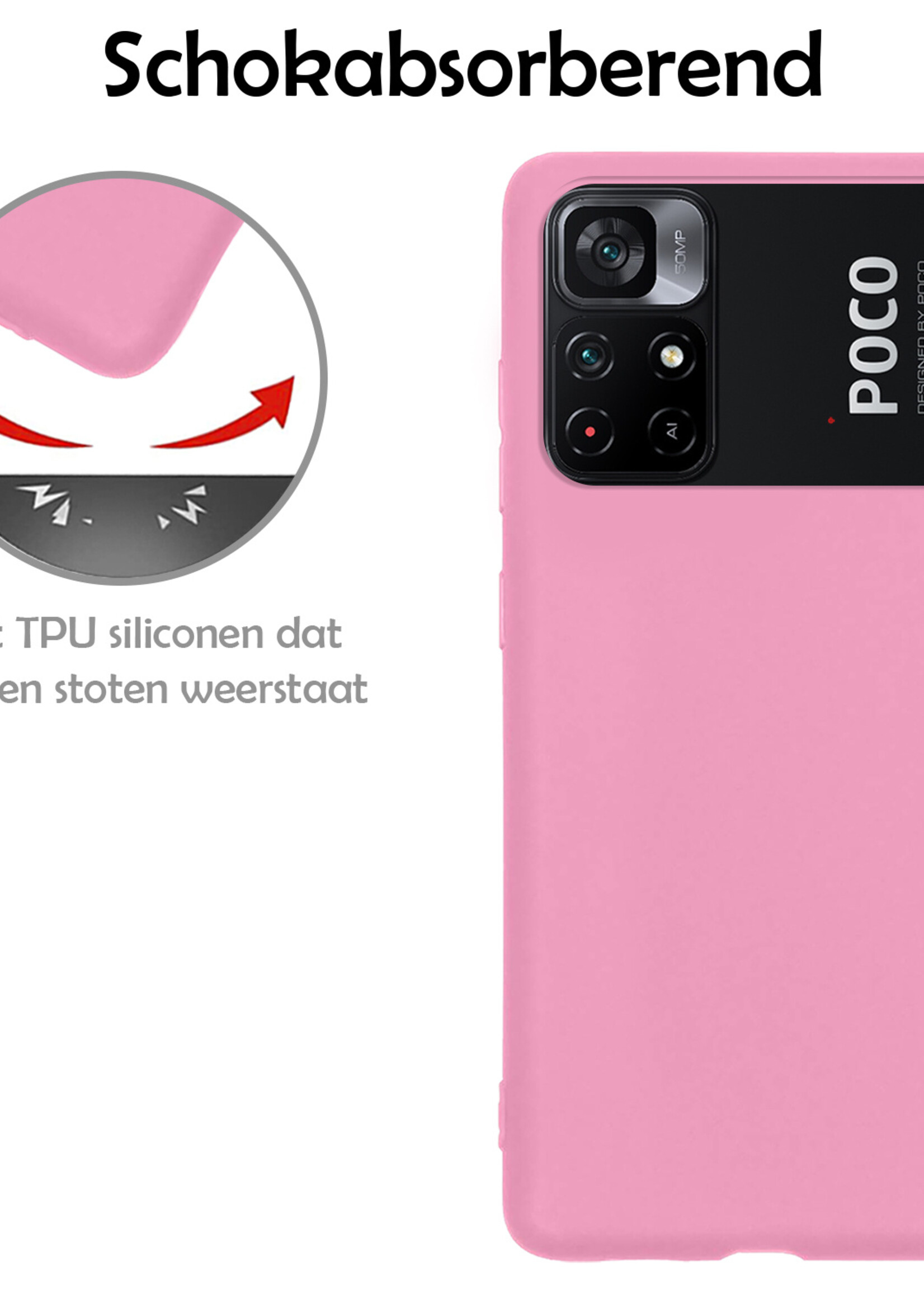 LUQ Hoesje Geschikt voor Xiaomi Poco M4 Pro 5G Hoesje Siliconen Case Met 2x Screenprotector - Hoes Geschikt voor Xiaomi Poco M4 Pro 5G Hoes Siliconen - Lichtroze