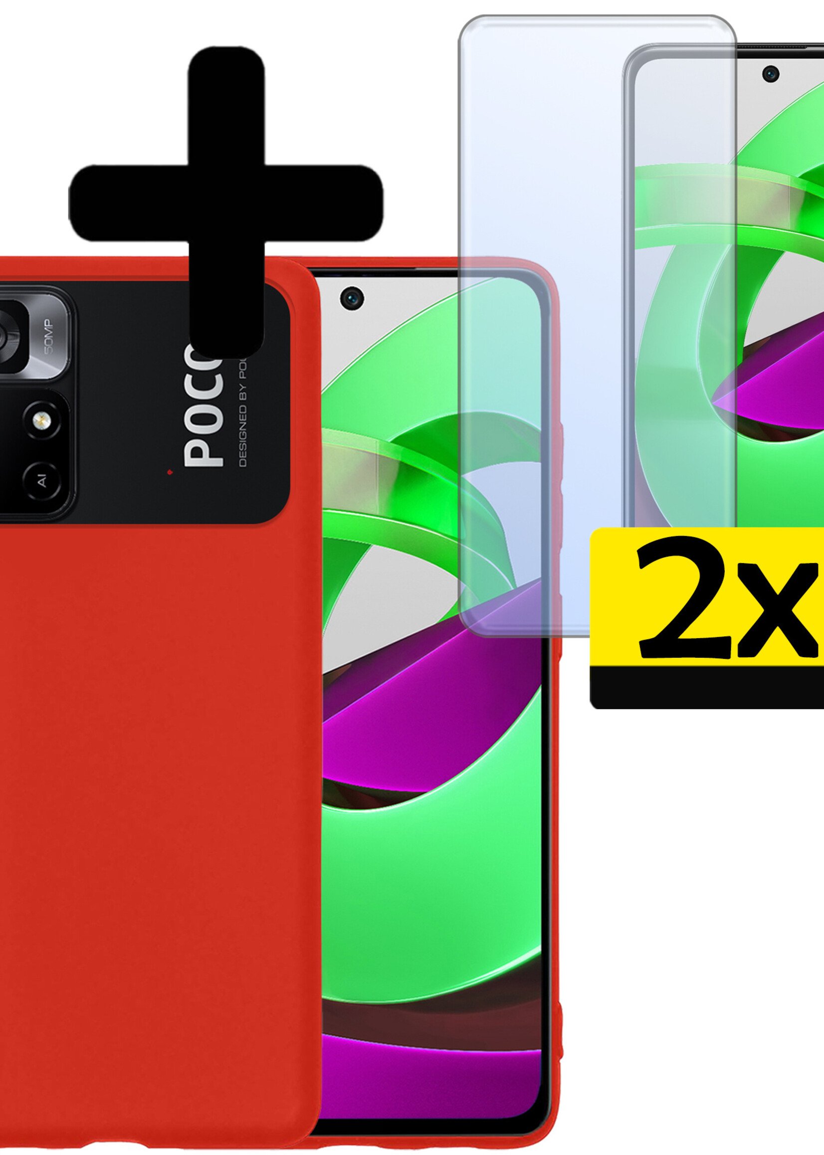 LUQ Hoesje Geschikt voor Xiaomi Poco M4 Pro 5G Hoesje Siliconen Case Met 2x Screenprotector - Hoes Geschikt voor Xiaomi Poco M4 Pro 5G Hoes Siliconen - Rood