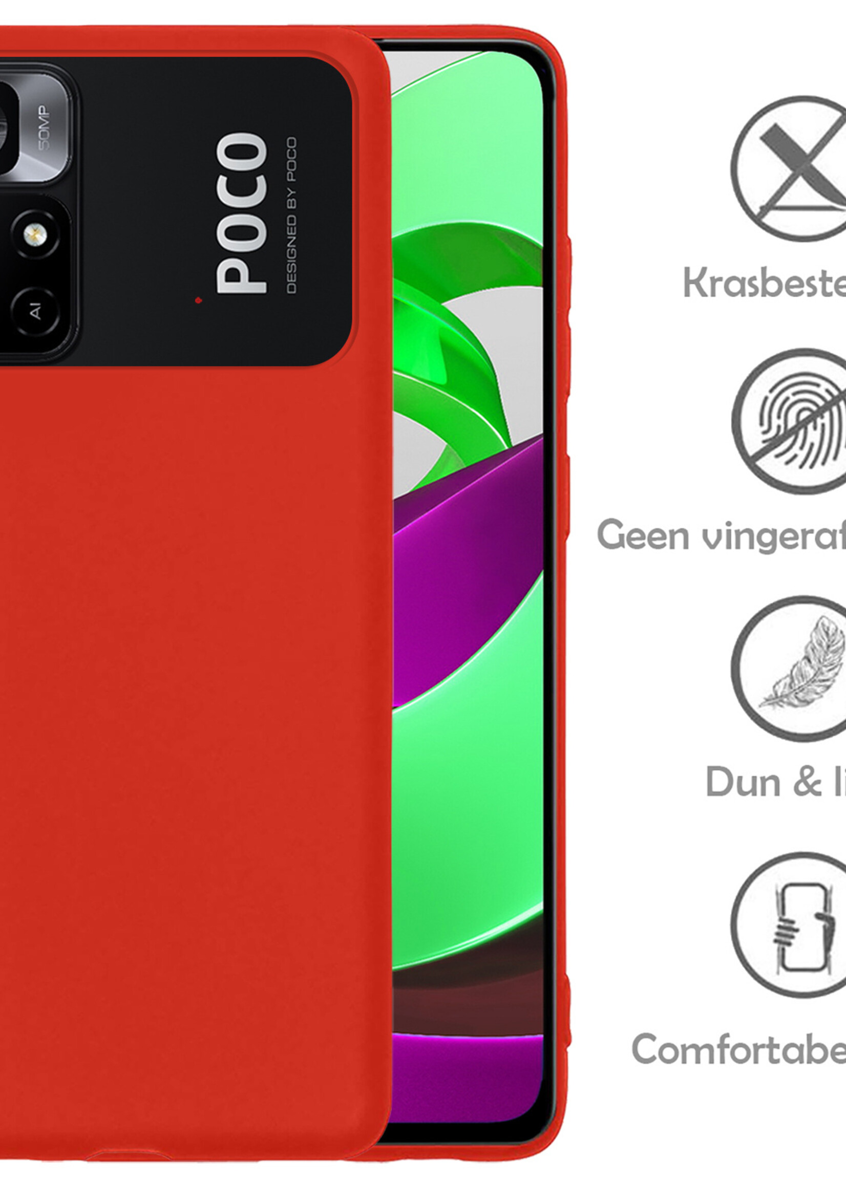 LUQ Hoesje Geschikt voor Xiaomi Poco M4 Pro 5G Hoesje Siliconen Case Met 2x Screenprotector - Hoes Geschikt voor Xiaomi Poco M4 Pro 5G Hoes Siliconen - Rood