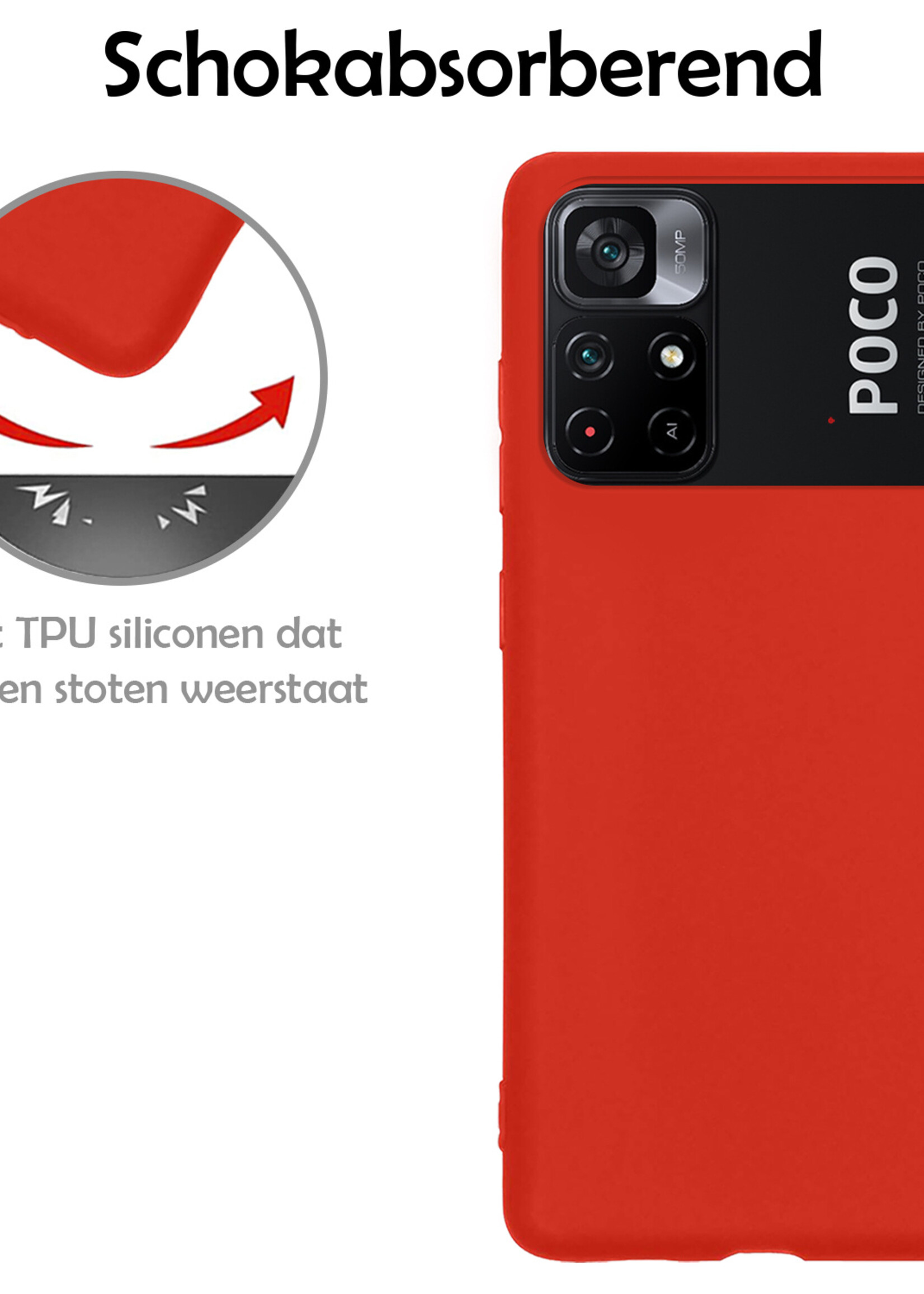 LUQ Hoesje Geschikt voor Xiaomi Poco M4 Pro 5G Hoesje Siliconen Case Met 2x Screenprotector - Hoes Geschikt voor Xiaomi Poco M4 Pro 5G Hoes Siliconen - Rood