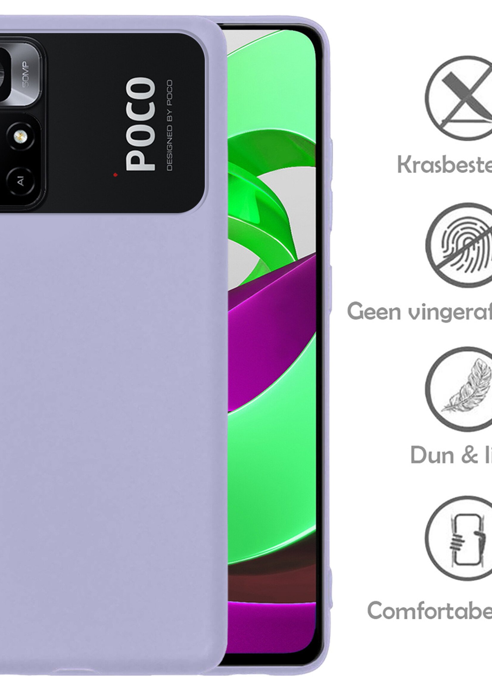 LUQ Hoesje Geschikt voor Xiaomi Poco M4 Pro 5G Hoesje Siliconen Case Met 2x Screenprotector - Hoes Geschikt voor Xiaomi Poco M4 Pro 5G Hoes Siliconen - Lila