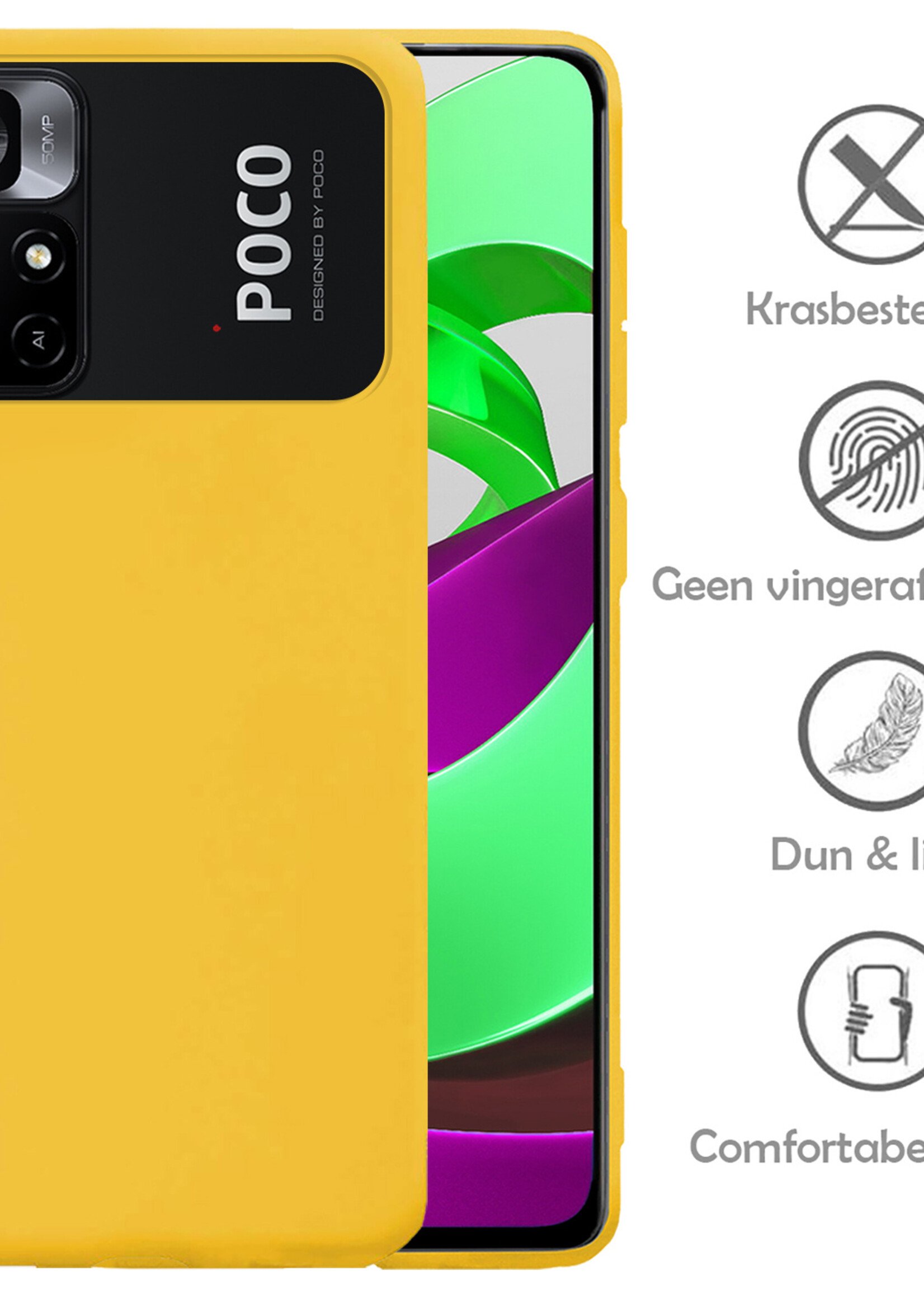 LUQ Hoesje Geschikt voor Xiaomi Poco M4 Pro 5G Hoesje Siliconen Case Met 2x Screenprotector - Hoes Geschikt voor Xiaomi Poco M4 Pro 5G Hoes Siliconen - Geel