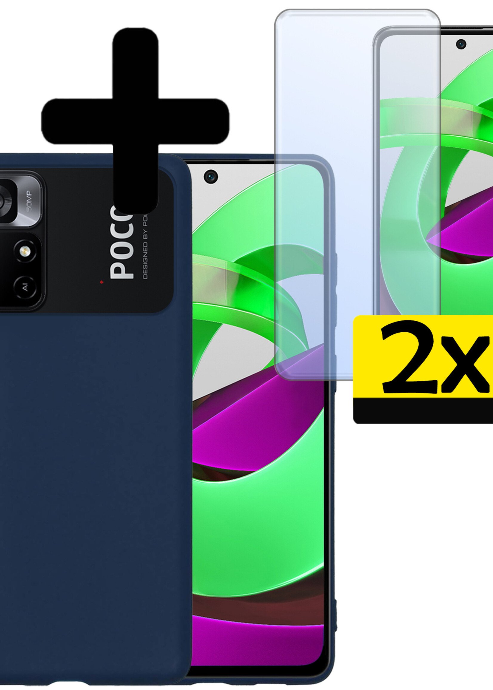 LUQ Hoesje Geschikt voor Xiaomi Poco M4 Pro 5G Hoesje Siliconen Case Met 2x Screenprotector - Hoes Geschikt voor Xiaomi Poco M4 Pro 5G Hoes Siliconen - Donkerblauw