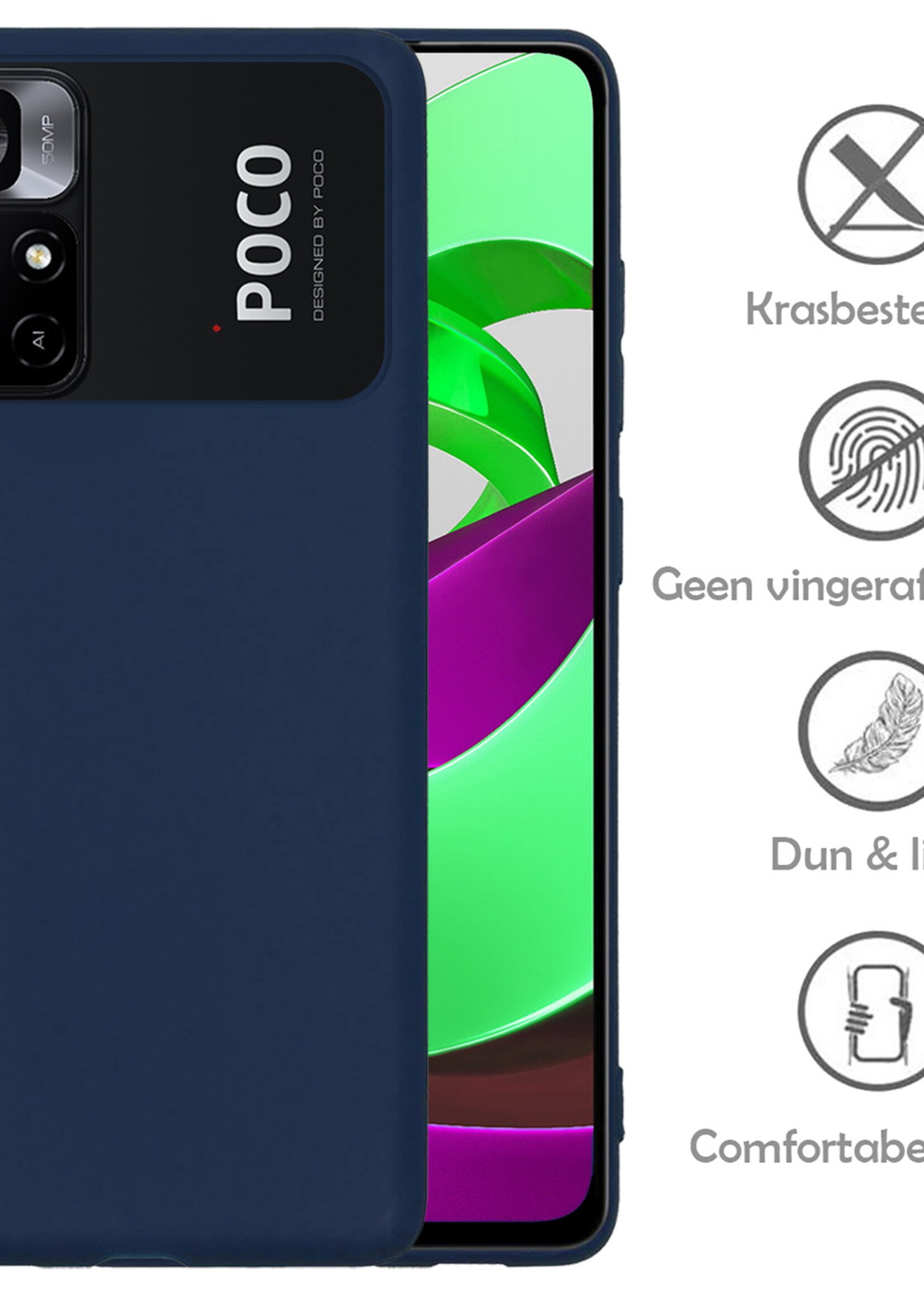 LUQ Hoesje Geschikt voor Xiaomi Poco M4 Pro 5G Hoesje Siliconen Case Met 2x Screenprotector - Hoes Geschikt voor Xiaomi Poco M4 Pro 5G Hoes Siliconen - Donkerblauw