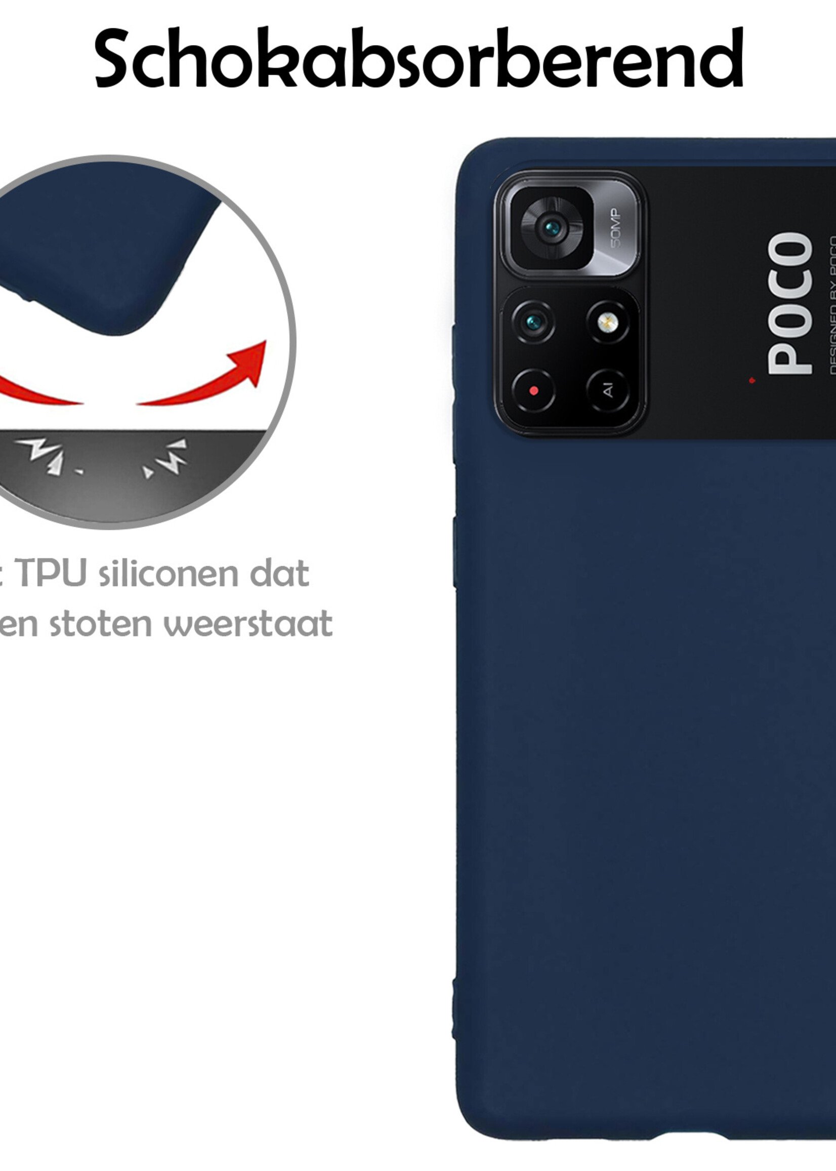 LUQ Hoesje Geschikt voor Xiaomi Poco M4 Pro 5G Hoesje Siliconen Case Met 2x Screenprotector - Hoes Geschikt voor Xiaomi Poco M4 Pro 5G Hoes Siliconen - Donkerblauw