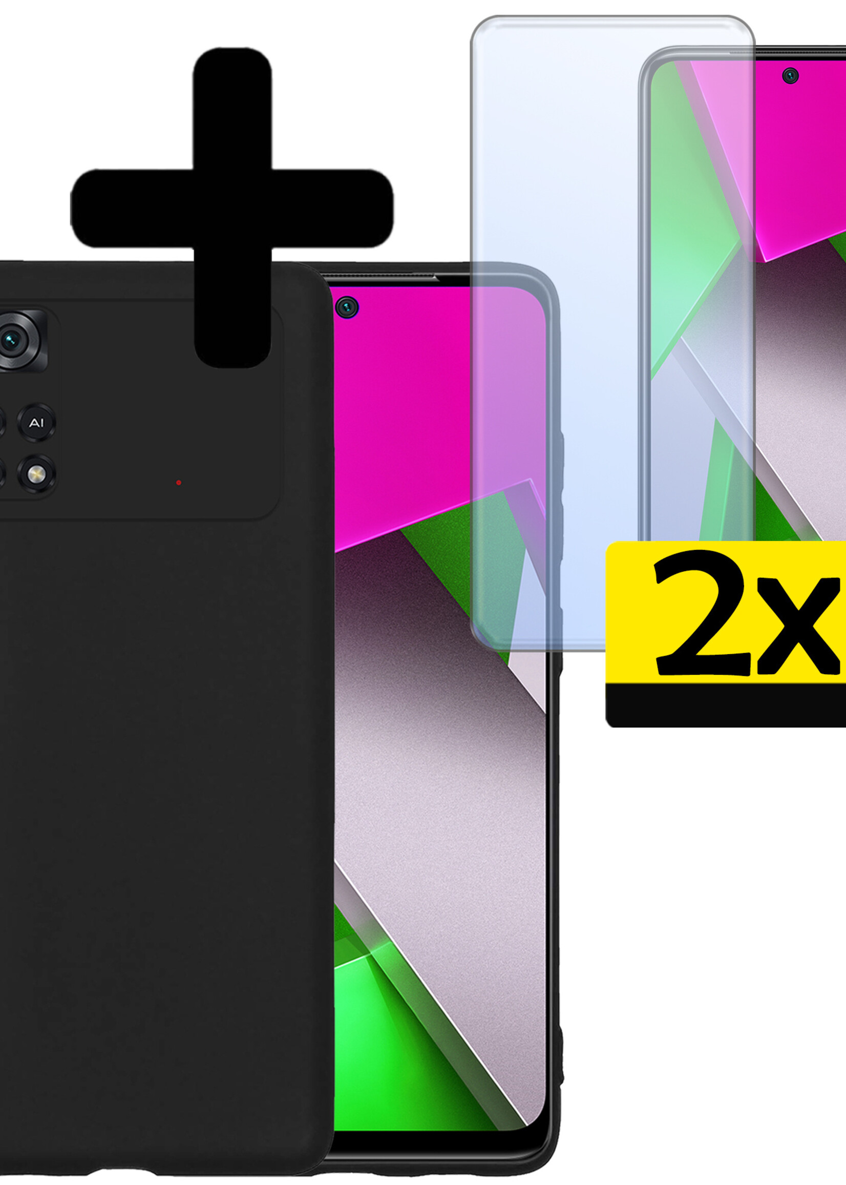 LUQ Hoesje Geschikt voor Poco M4 Pro 4G Hoesje Siliconen Case Met 2x Screenprotector - Hoes Geschikt voor Xiaomi Poco M4 Pro 4G Hoes Siliconen - Zwart