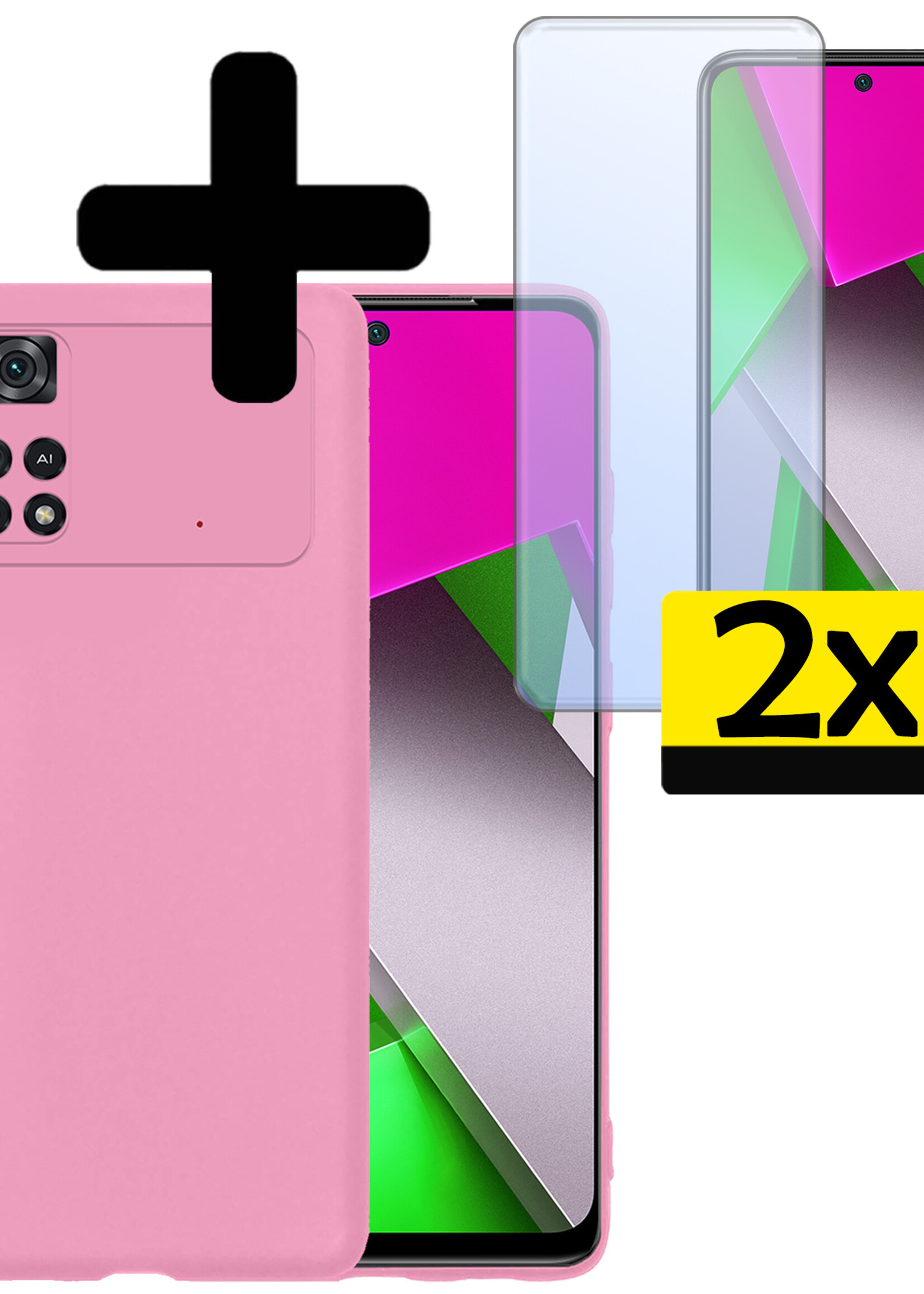 LUQ Hoesje Geschikt voor Poco M4 Pro 4G Hoesje Siliconen Case Met 2x Screenprotector - Hoes Geschikt voor Xiaomi Poco M4 Pro 4G Hoes Siliconen - Lichtroze