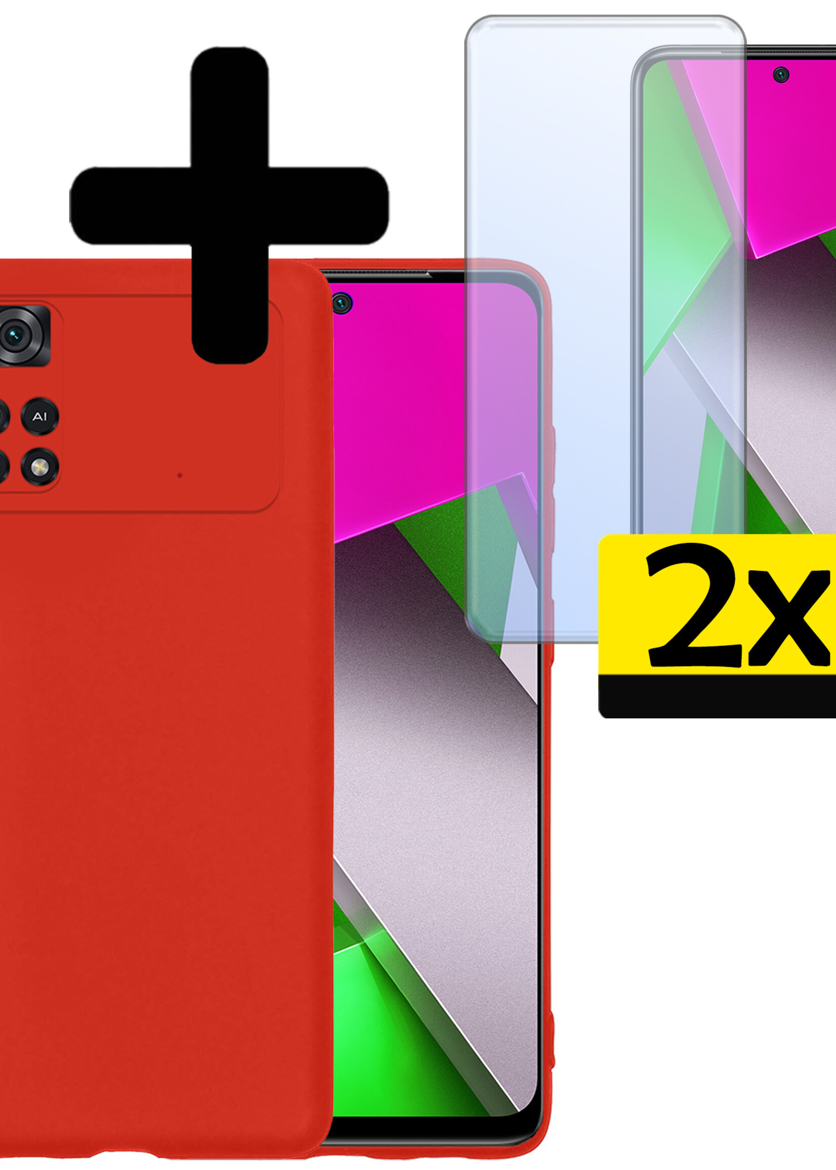 LUQ Hoesje Geschikt voor Poco M4 Pro 4G Hoesje Siliconen Case Met 2x Screenprotector - Hoes Geschikt voor Xiaomi Poco M4 Pro 4G Hoes Siliconen - Rood