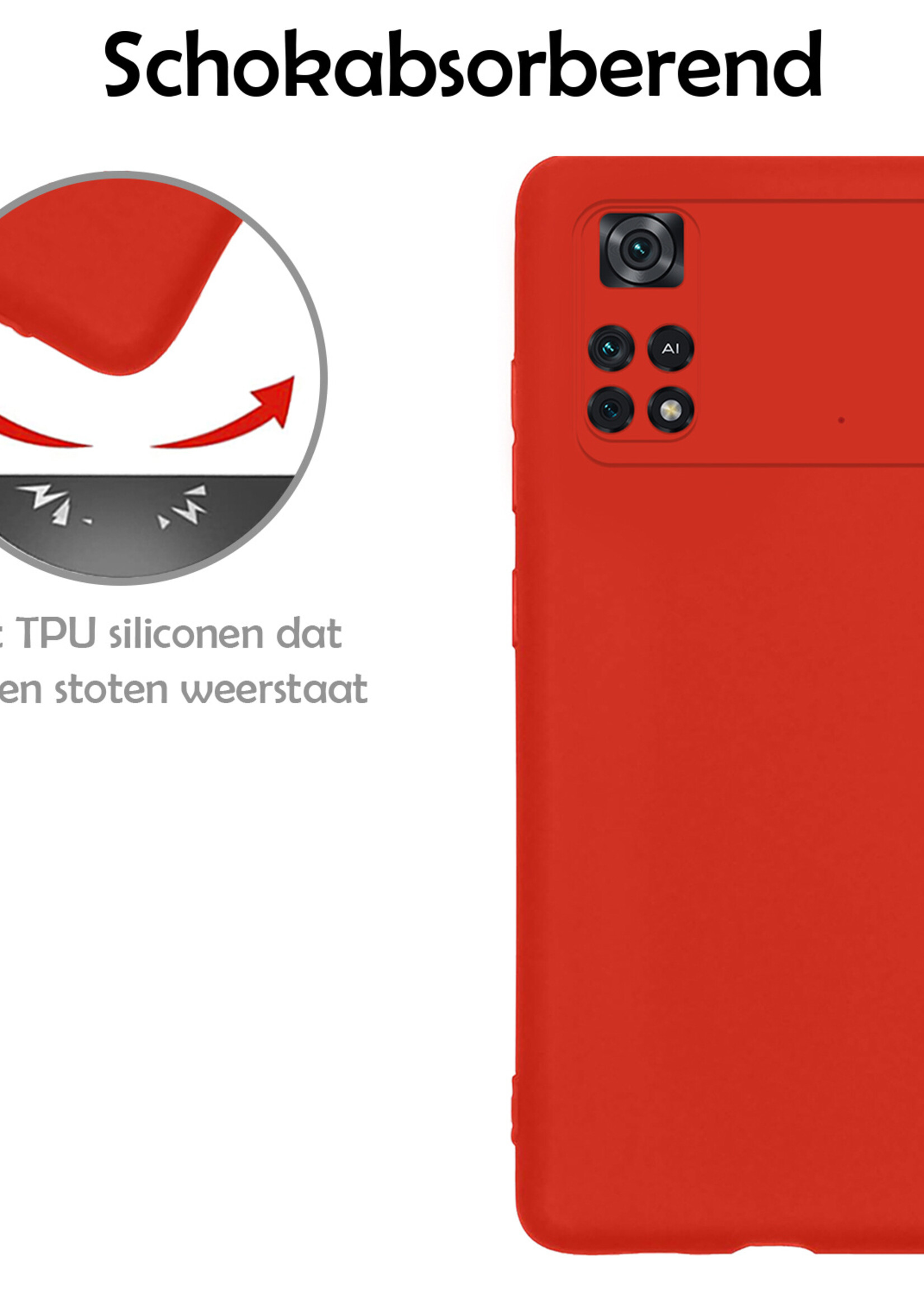 LUQ Hoesje Geschikt voor Poco M4 Pro 4G Hoesje Siliconen Case Met 2x Screenprotector - Hoes Geschikt voor Xiaomi Poco M4 Pro 4G Hoes Siliconen - Rood