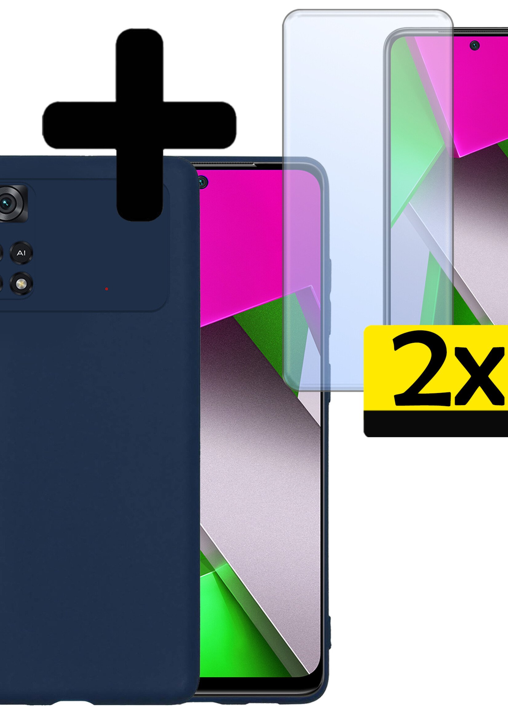 LUQ Hoesje Geschikt voor Poco M4 Pro 4G Hoesje Siliconen Case Met 2x Screenprotector - Hoes Geschikt voor Xiaomi Poco M4 Pro 4G Hoes Siliconen - Donkerblauw