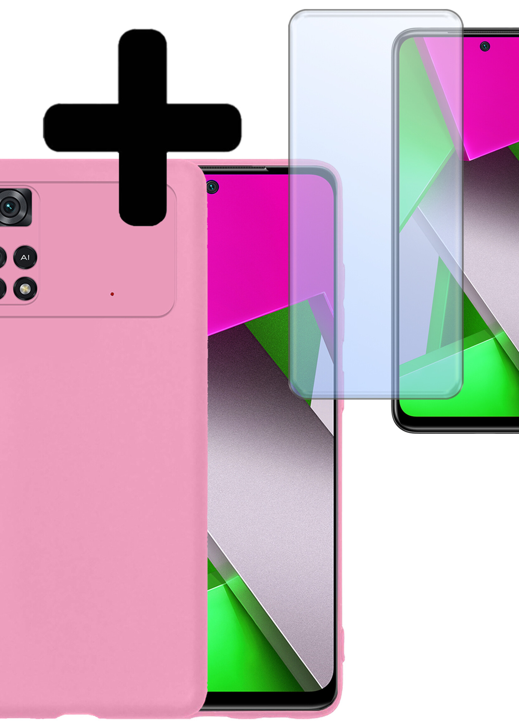 LUQ Hoesje Geschikt voor Poco M4 Pro 4G Hoesje Siliconen Case Met Screenprotector - Hoes Geschikt voor Xiaomi Poco M4 Pro 4G Hoes Siliconen - Lichtroze