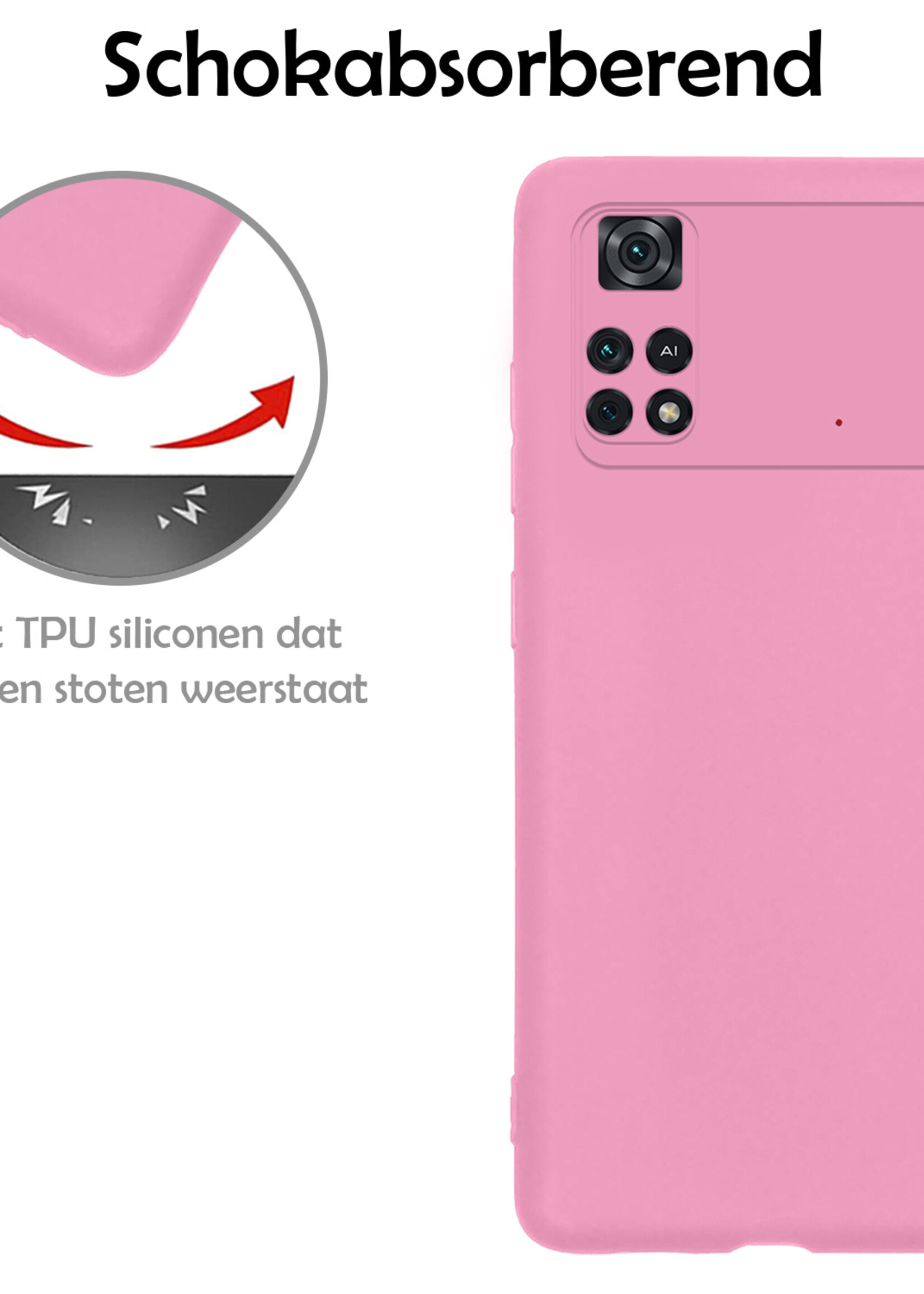 LUQ Hoesje Geschikt voor Poco M4 Pro 4G Hoesje Siliconen Case Met Screenprotector - Hoes Geschikt voor Xiaomi Poco M4 Pro 4G Hoes Siliconen - Lichtroze