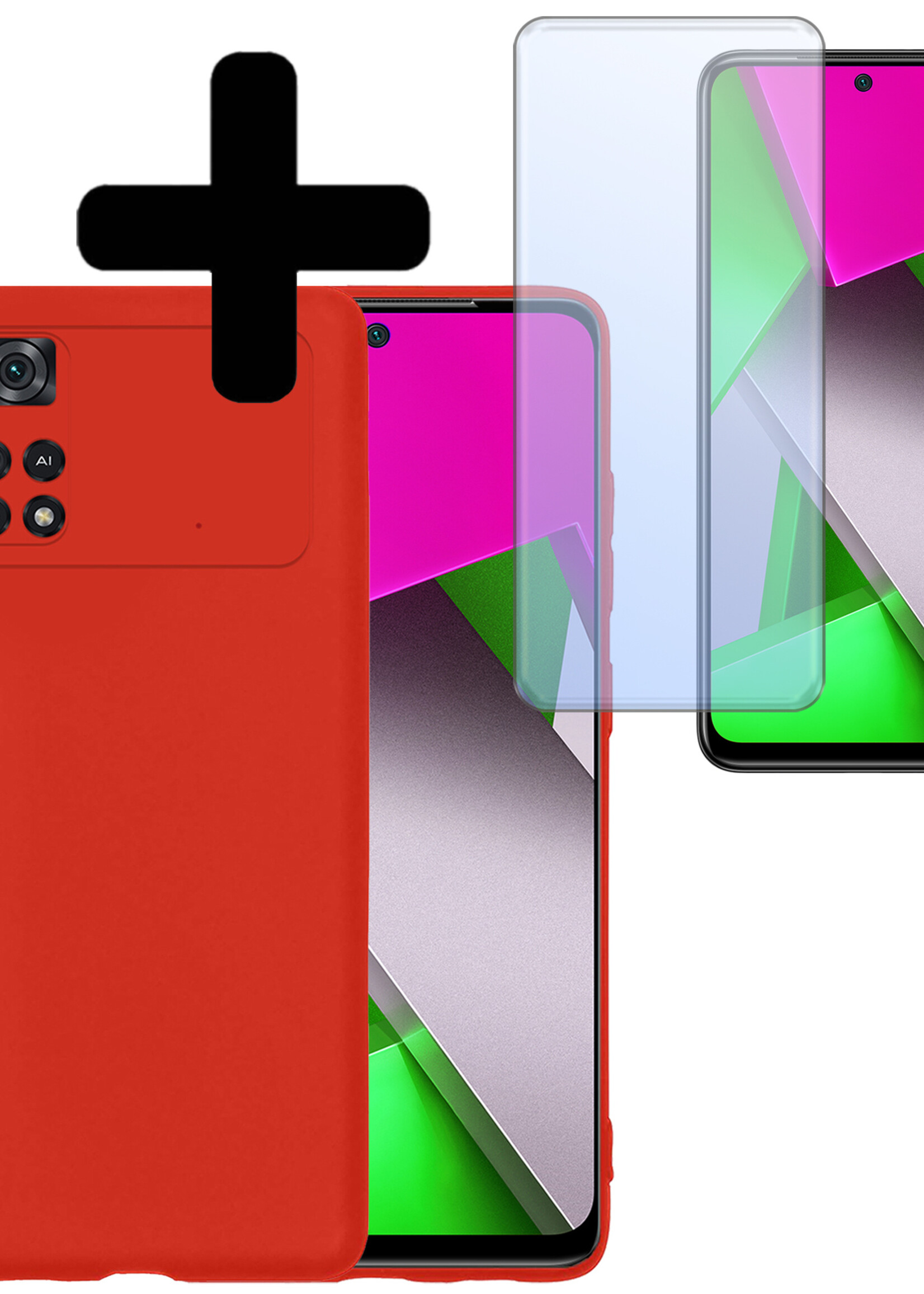 LUQ Hoesje Geschikt voor Poco M4 Pro 4G Hoesje Siliconen Case Met Screenprotector - Hoes Geschikt voor Xiaomi Poco M4 Pro 4G Hoes Siliconen - Rood