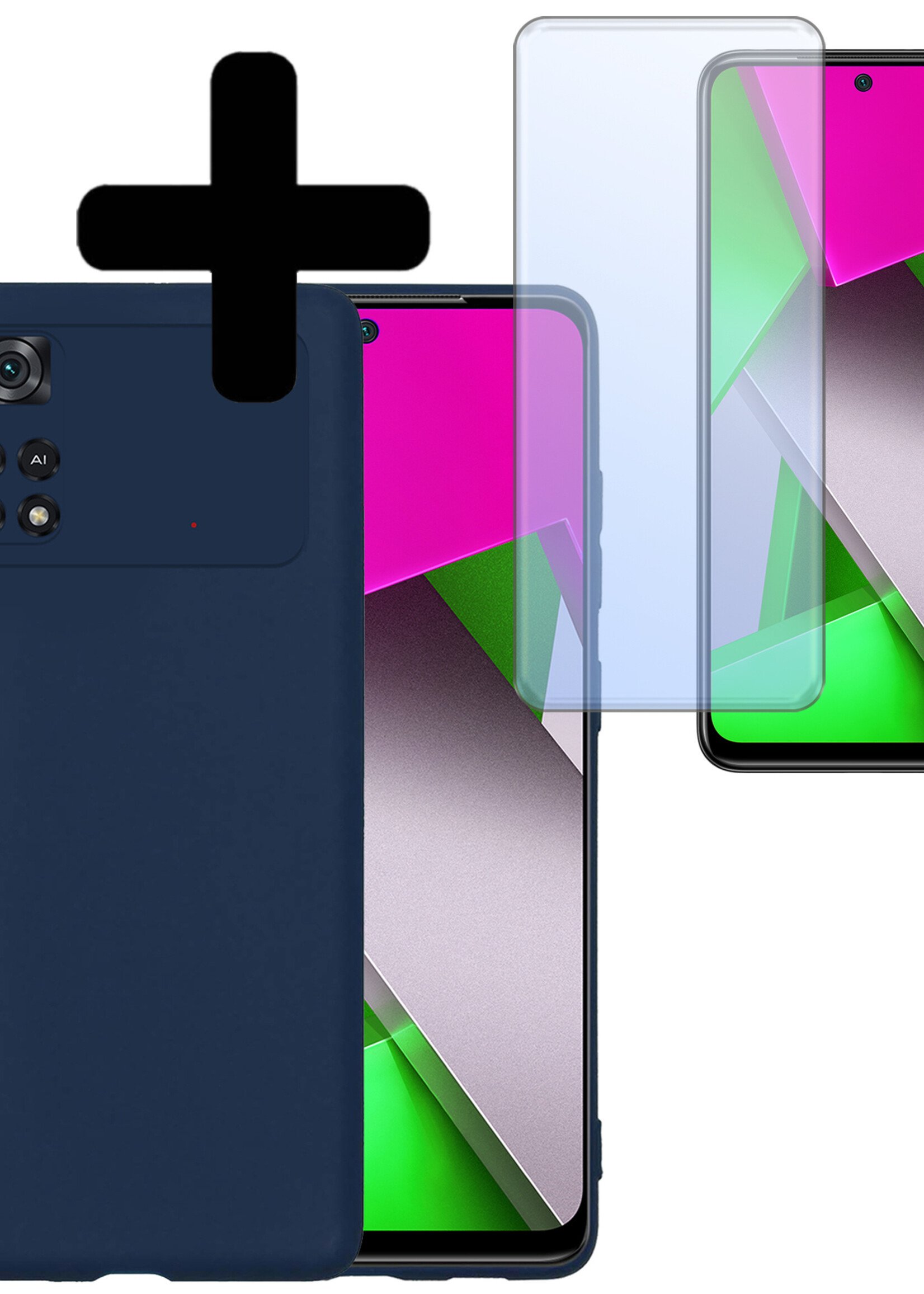 LUQ Hoesje Geschikt voor Poco M4 Pro 4G Hoesje Siliconen Case Met Screenprotector - Hoes Geschikt voor Xiaomi Poco M4 Pro 4G Hoes Siliconen - Donkerblauw