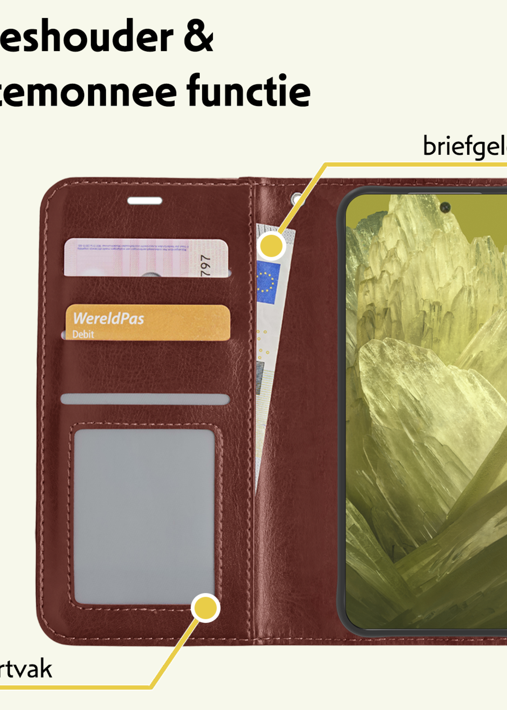 LUQ Hoesje Geschikt voor Google Pixel 8a Hoesje Book Case Hoes Wallet Cover - Hoes Geschikt voor Google Pixel 8a Hoesje Bookcase Hoes - Bruin