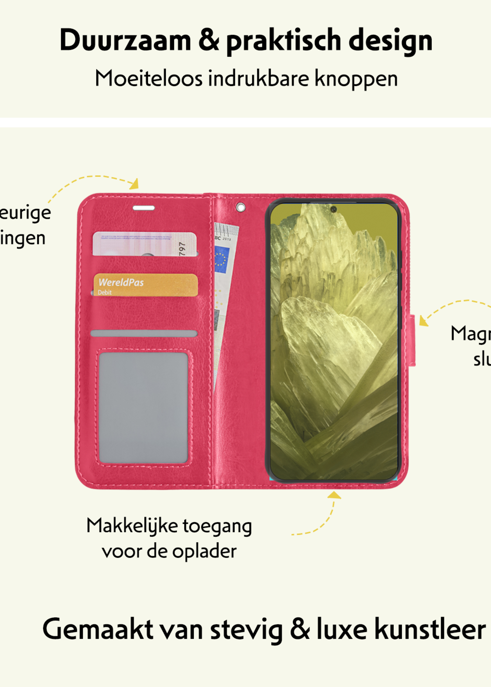 LUQ Hoesje Geschikt voor Google Pixel 8a Hoesje Book Case Hoes Wallet Cover - Hoes Geschikt voor Google Pixel 8a Hoesje Bookcase Hoes - Donkerroze