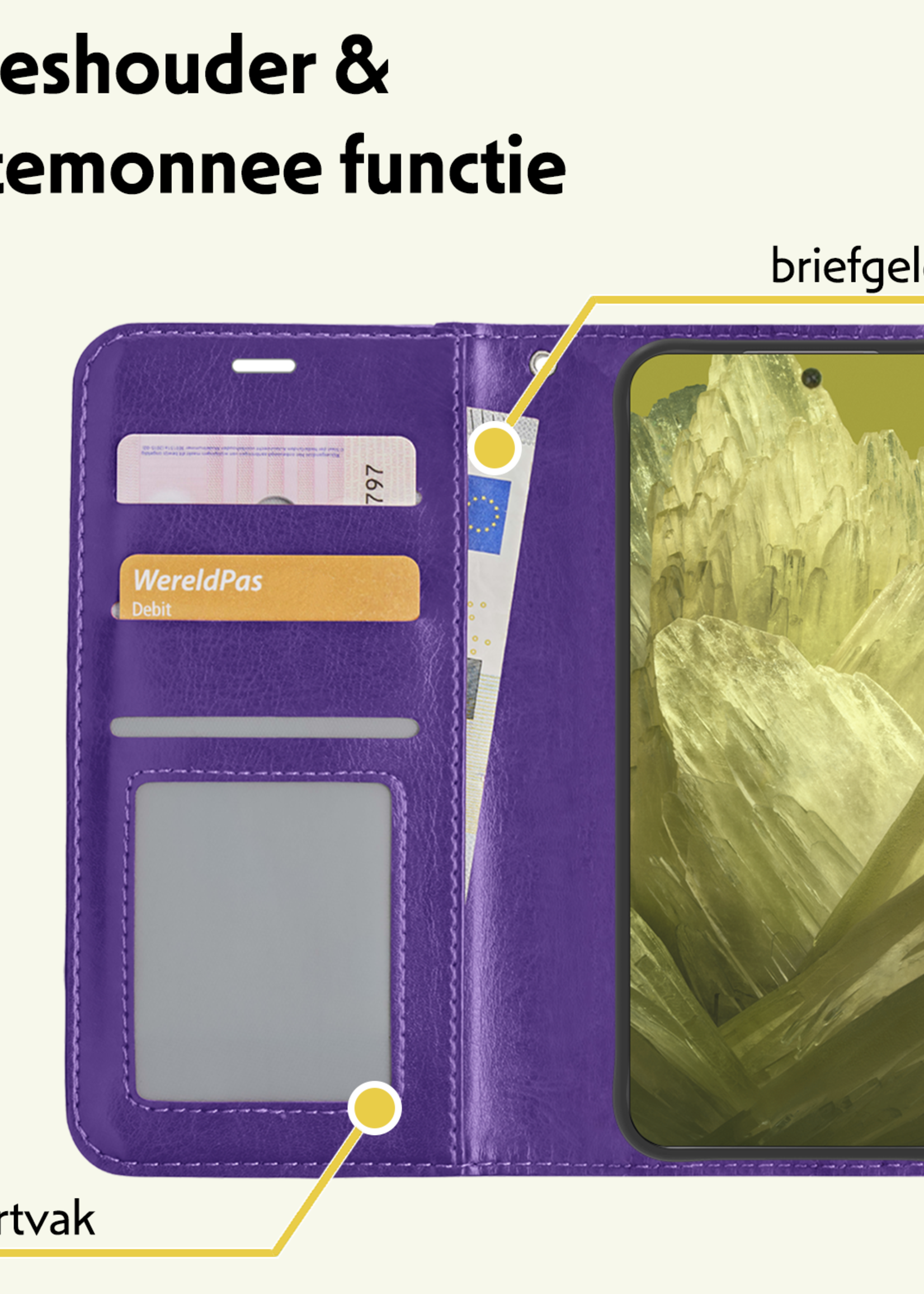 LUQ Hoesje Geschikt voor Google Pixel 8a Hoesje Book Case Hoes Wallet Cover - Hoes Geschikt voor Google Pixel 8a Hoesje Bookcase Hoes - Paars