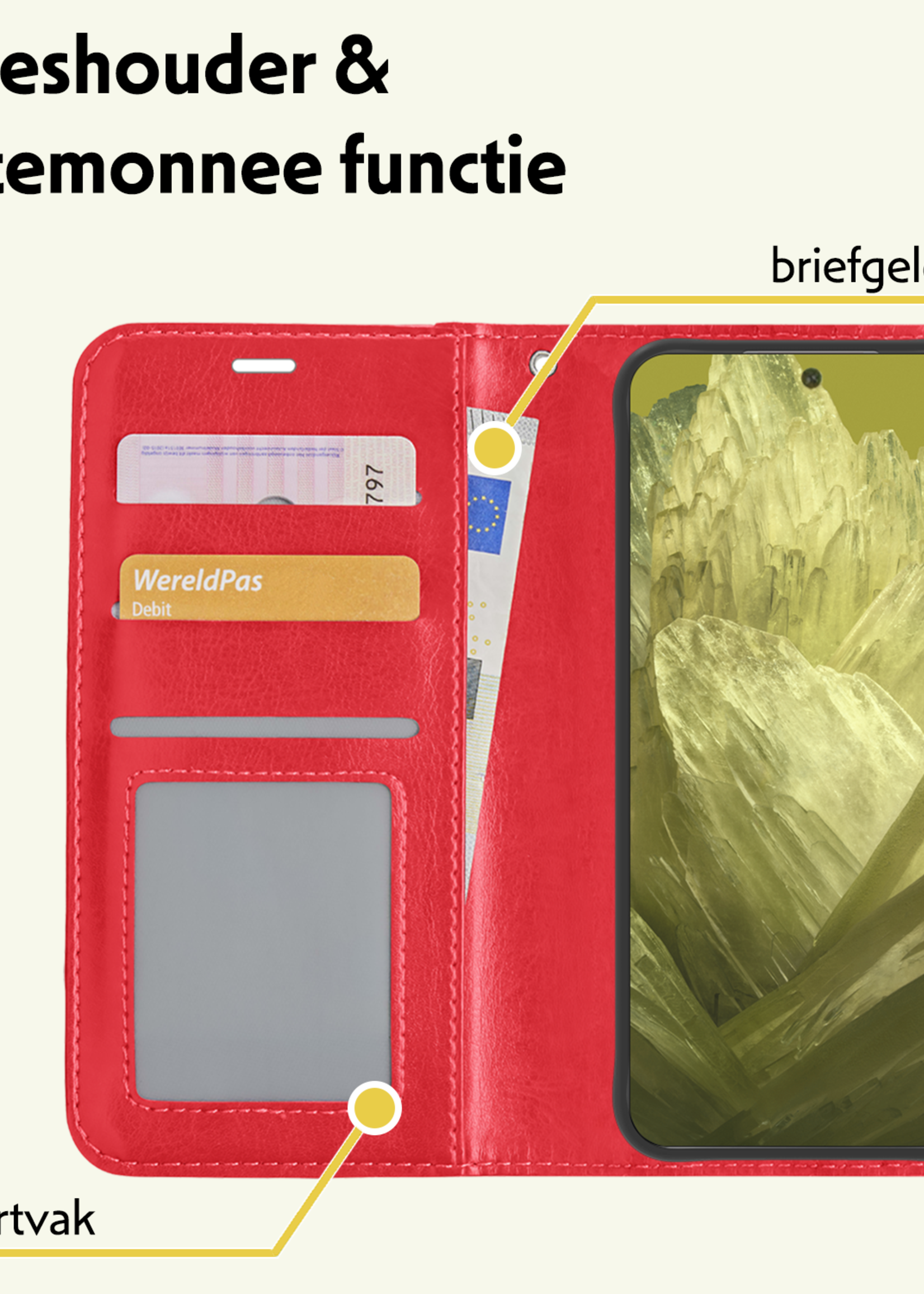 LUQ Hoesje Geschikt voor Google Pixel 8a Hoesje Book Case Hoes Wallet Cover - Hoes Geschikt voor Google Pixel 8a Hoesje Bookcase Hoes - Rood