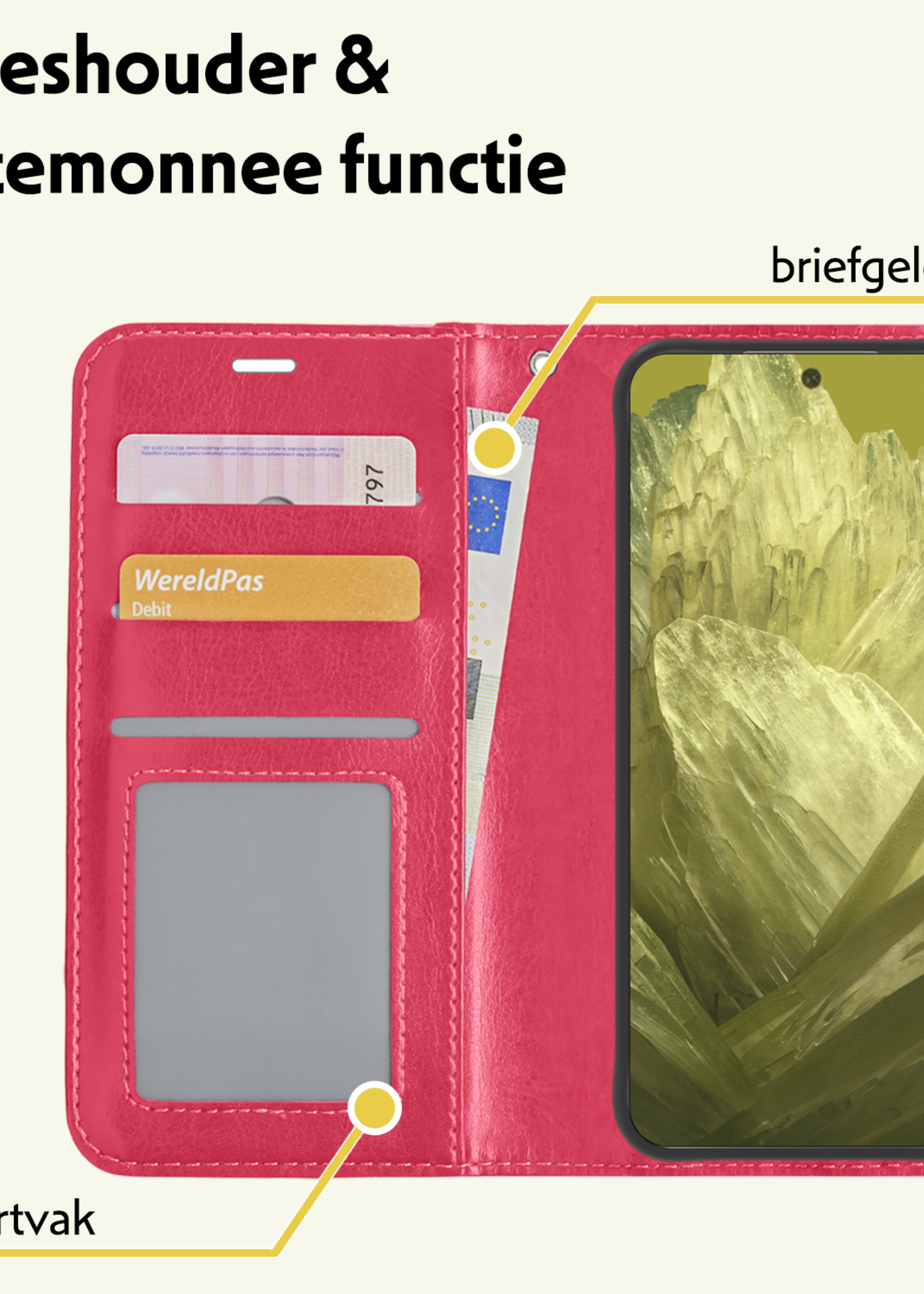 LUQ Hoesje Geschikt voor Google Pixel 8a Hoesje Book Case Hoes Wallet Cover Met Screenprotector - Hoes Geschikt voor Google Pixel 8a Hoesje Bookcase Hoes - Donkerroze