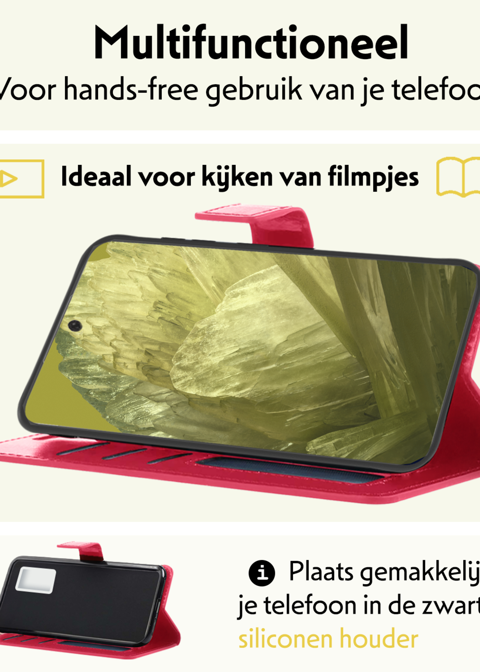 LUQ Hoesje Geschikt voor Google Pixel 8a Hoesje Book Case Hoes Wallet Cover Met Screenprotector - Hoes Geschikt voor Google Pixel 8a Hoesje Bookcase Hoes - Donkerroze