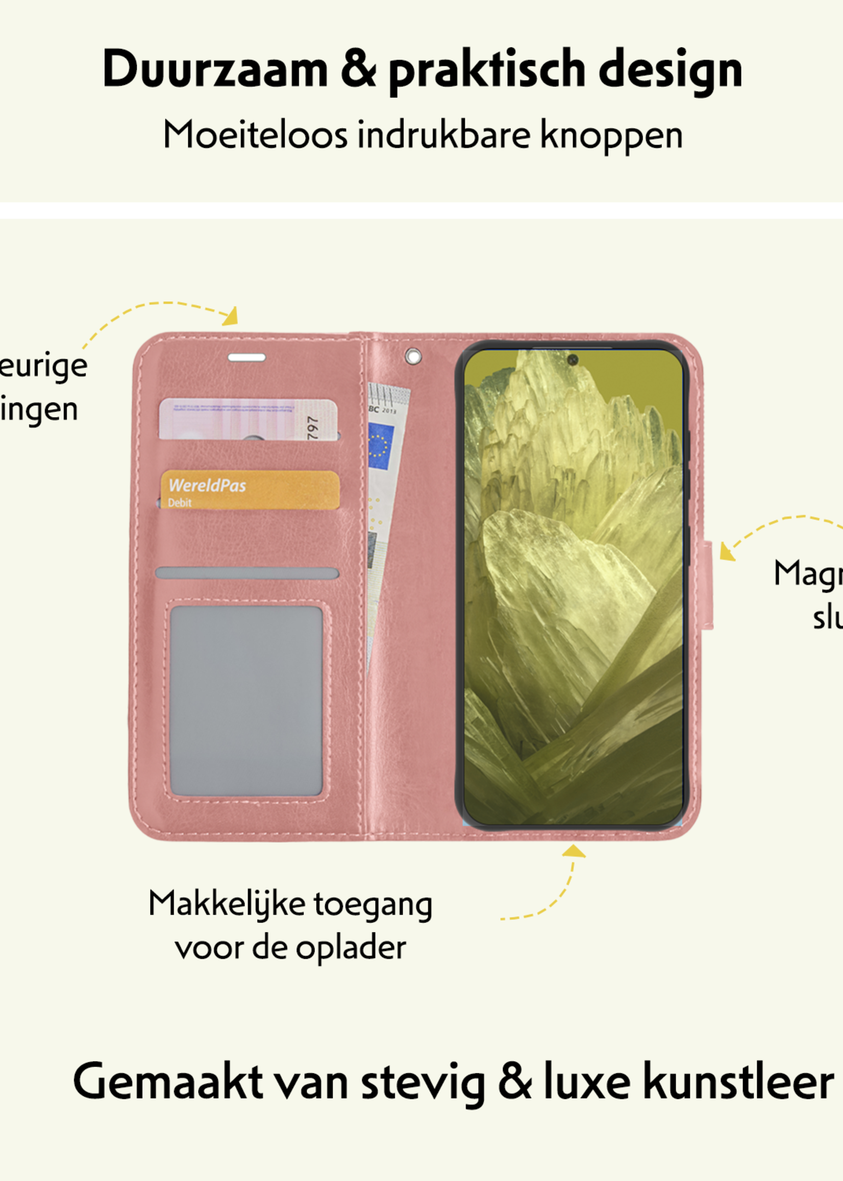 LUQ Hoesje Geschikt voor Google Pixel 8a Hoesje Book Case Hoes Wallet Cover Met Screenprotector - Hoes Geschikt voor Google Pixel 8a Hoesje Bookcase Hoes - Rosé goud