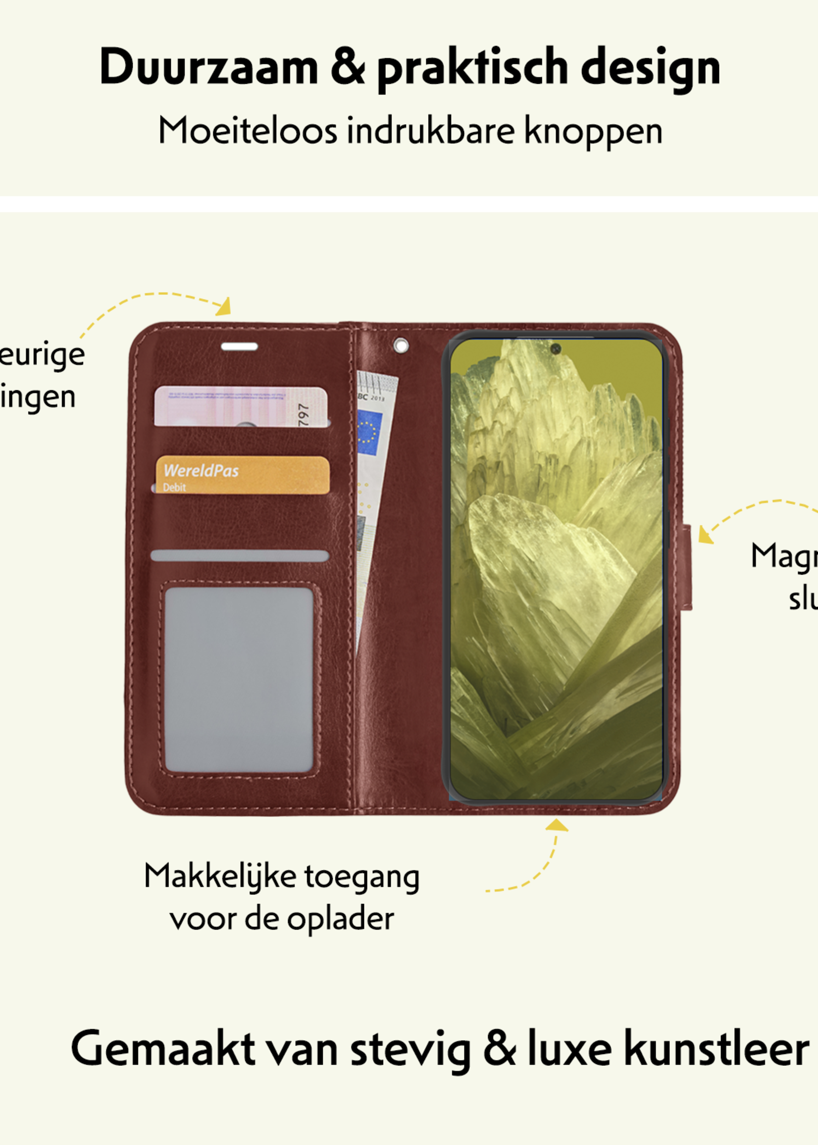 LUQ Hoesje Geschikt voor Google Pixel 8a Hoesje Book Case Hoes Wallet Cover Met 2x Screenprotector - Hoes Geschikt voor Google Pixel 8a Hoesje Bookcase Hoes - Bruin