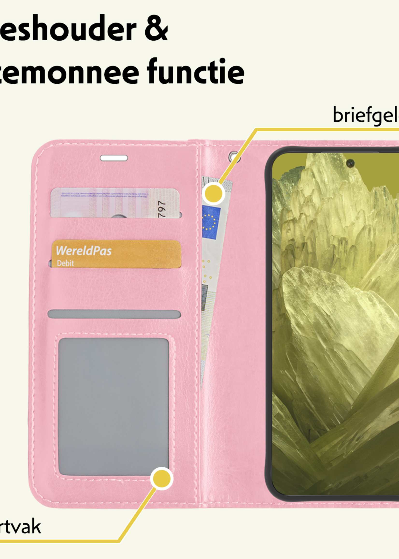 LUQ Hoesje Geschikt voor Google Pixel 8a Hoesje Book Case Hoes Wallet Cover Met 2x Screenprotector - Hoes Geschikt voor Google Pixel 8a Hoesje Bookcase Hoes - Lichtroze