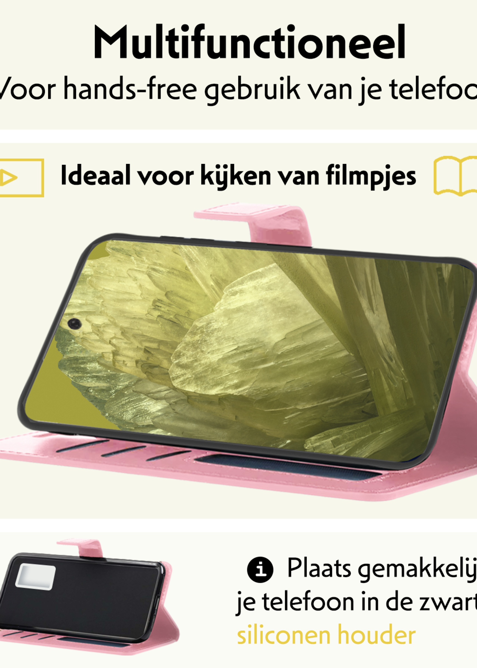 LUQ Hoesje Geschikt voor Google Pixel 8a Hoesje Book Case Hoes Wallet Cover Met 2x Screenprotector - Hoes Geschikt voor Google Pixel 8a Hoesje Bookcase Hoes - Lichtroze