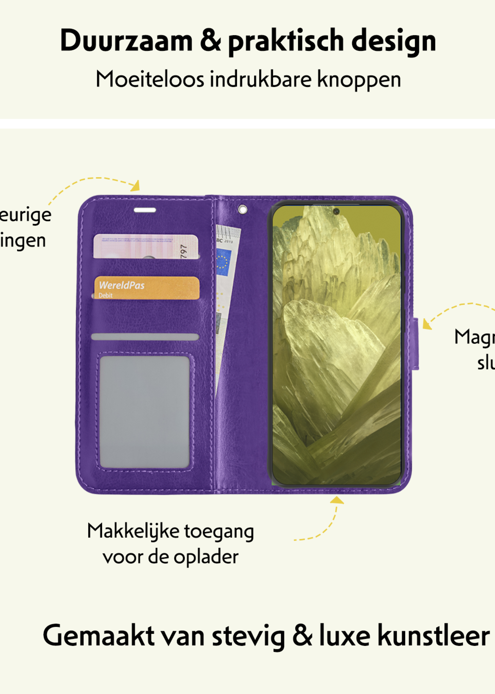 LUQ Hoesje Geschikt voor Google Pixel 8a Hoesje Book Case Hoes Wallet Cover Met 2x Screenprotector - Hoes Geschikt voor Google Pixel 8a Hoesje Bookcase Hoes - Paars