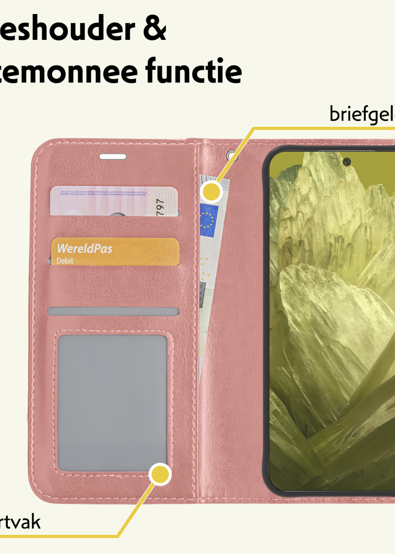 LUQ Hoesje Geschikt voor Google Pixel 8a Hoesje Book Case Hoes Wallet Cover Met 2x Screenprotector - Hoes Geschikt voor Google Pixel 8a Hoesje Bookcase Hoes - Rosé goud