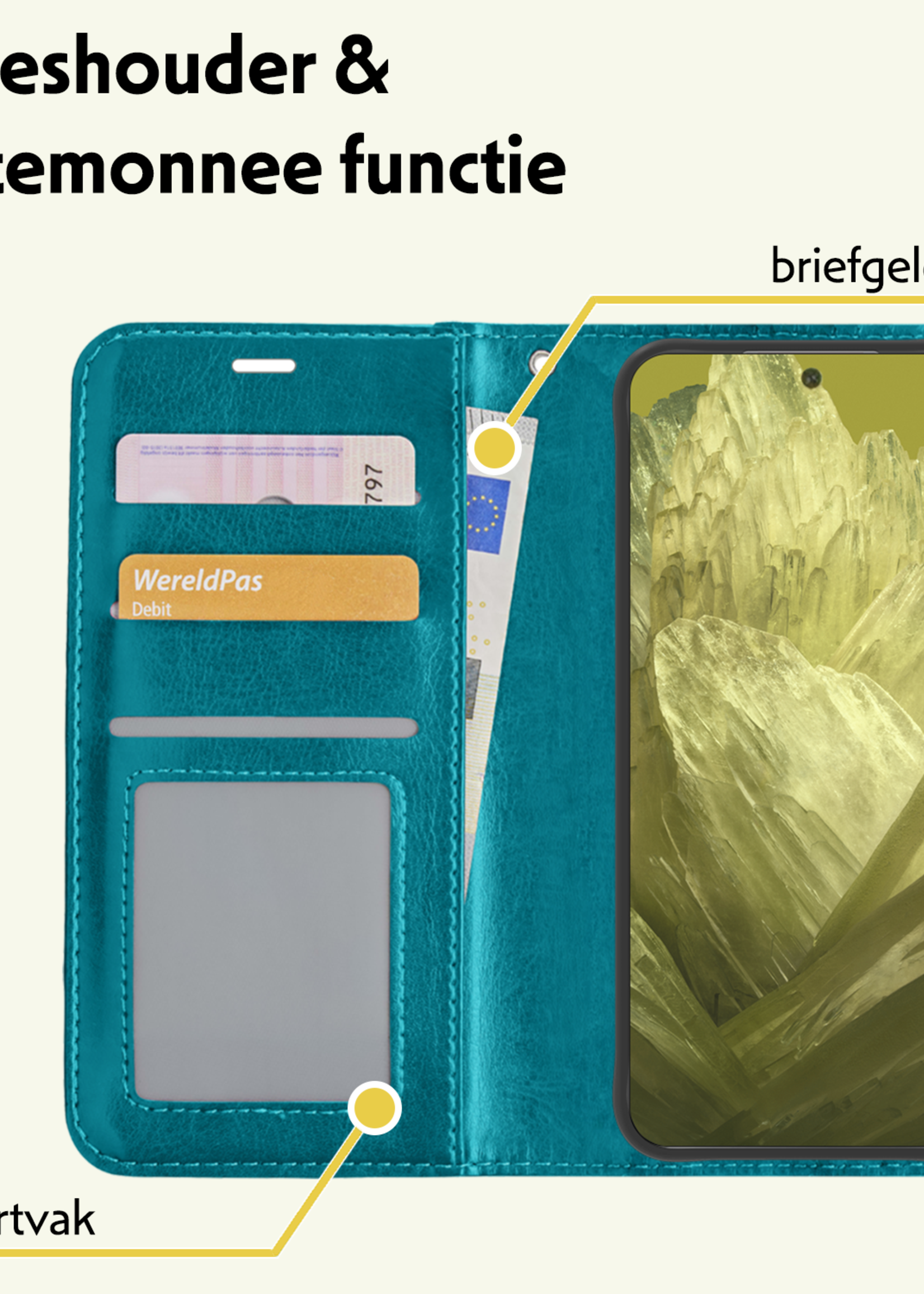 LUQ Hoesje Geschikt voor Google Pixel 8a Hoesje Book Case Hoes Wallet Cover Met 2x Screenprotector - Hoes Geschikt voor Google Pixel 8a Hoesje Bookcase Hoes - Turquoise