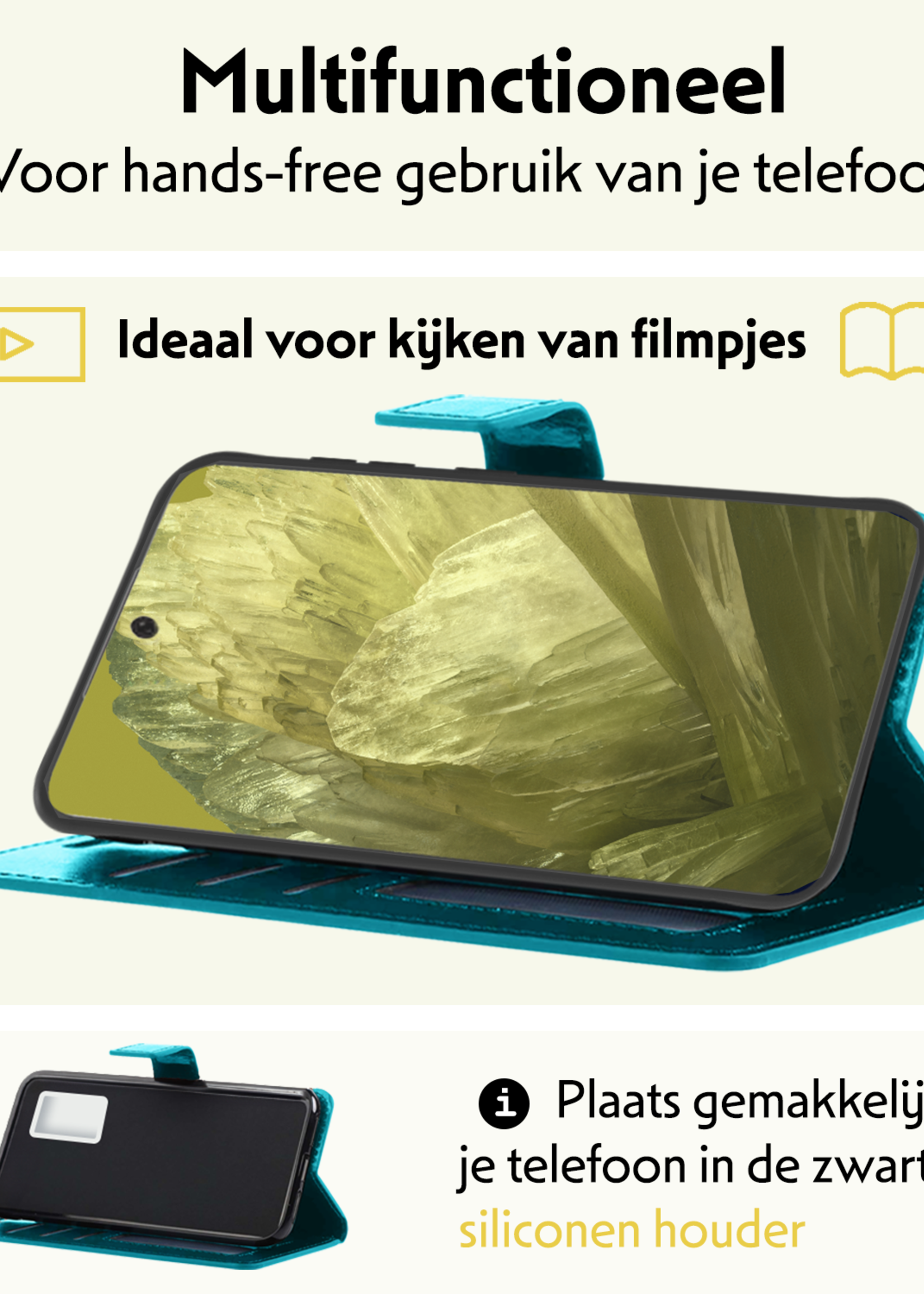 LUQ Hoesje Geschikt voor Google Pixel 8a Hoesje Book Case Hoes Wallet Cover Met 2x Screenprotector - Hoes Geschikt voor Google Pixel 8a Hoesje Bookcase Hoes - Turquoise