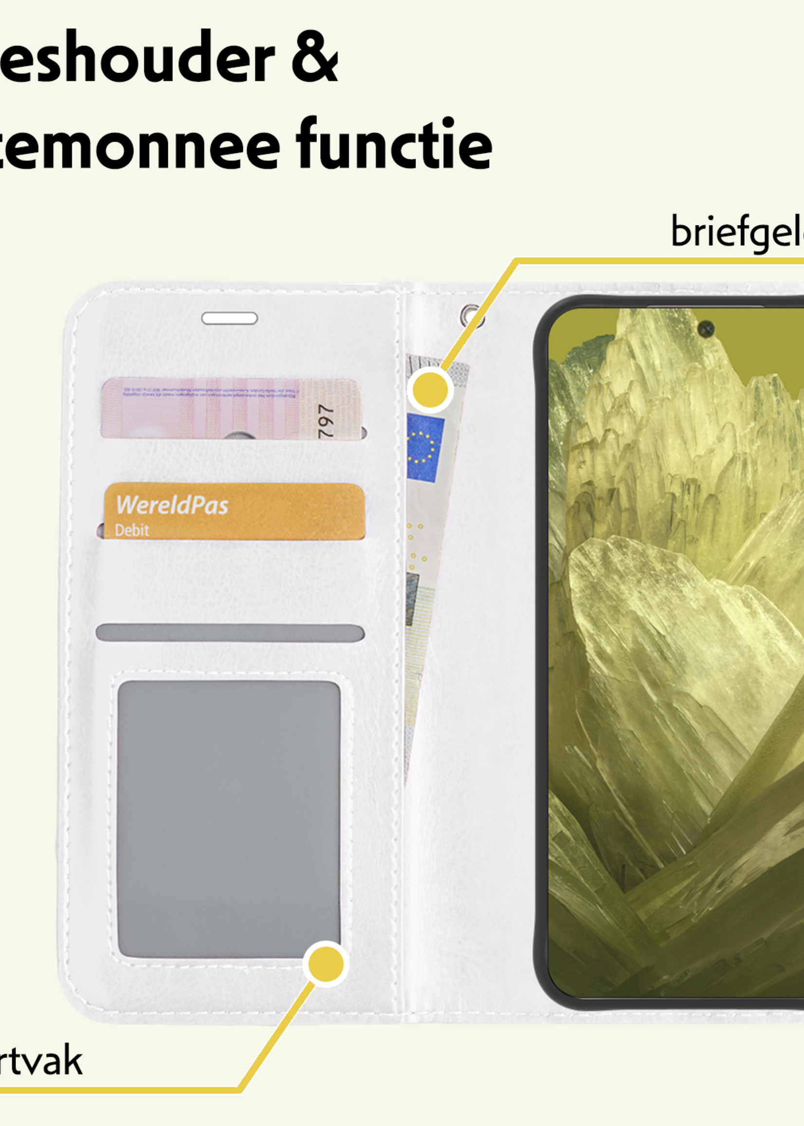 LUQ Hoesje Geschikt voor Google Pixel 8a Hoesje Book Case Hoes Wallet Cover Met 2x Screenprotector - Hoes Geschikt voor Google Pixel 8a Hoesje Bookcase Hoes - Wit