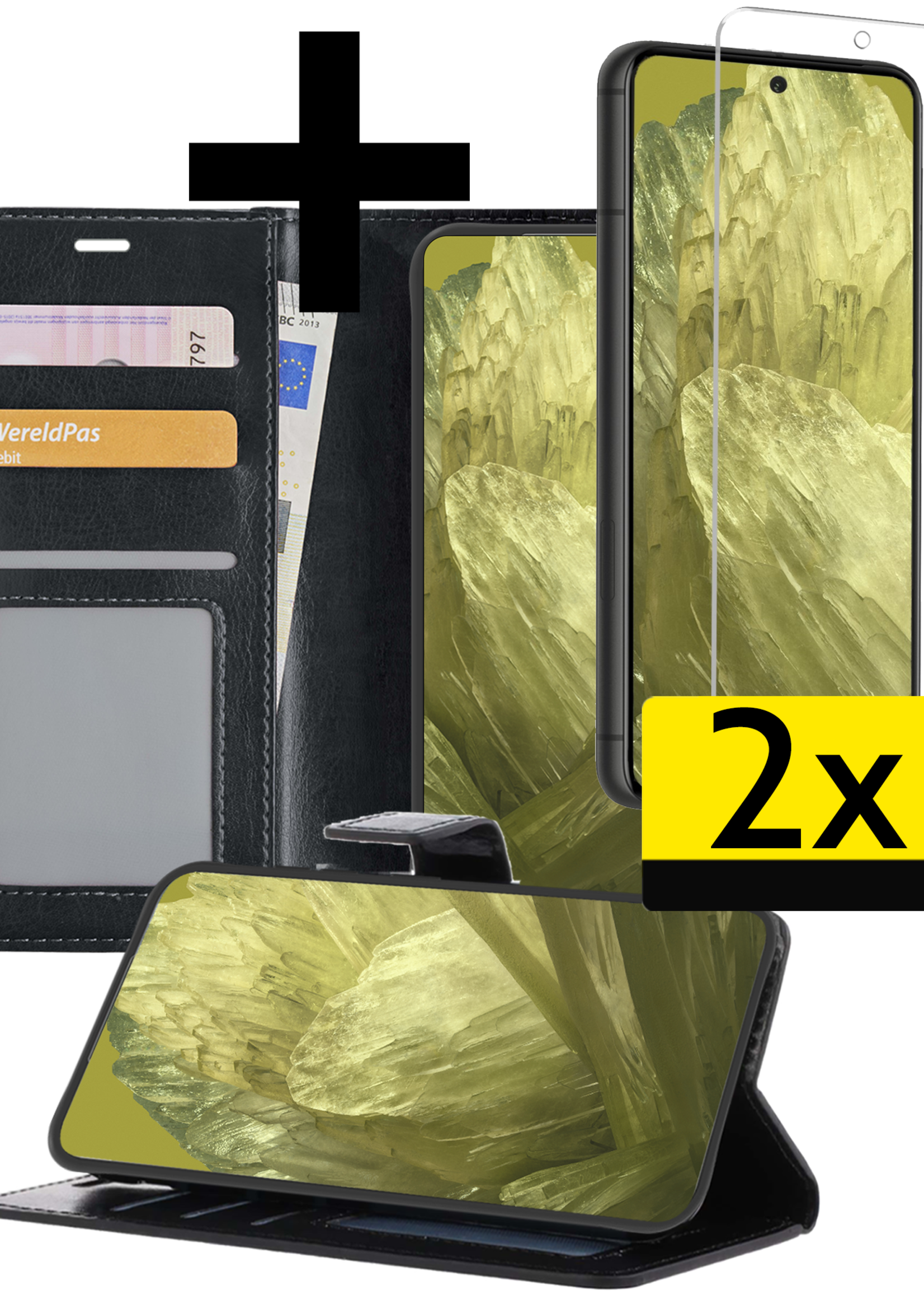 LUQ Hoesje Geschikt voor Google Pixel 8a Hoesje Book Case Hoes Wallet Cover Met 2x Screenprotector - Hoes Geschikt voor Google Pixel 8a Hoesje Bookcase Hoes - Zwart