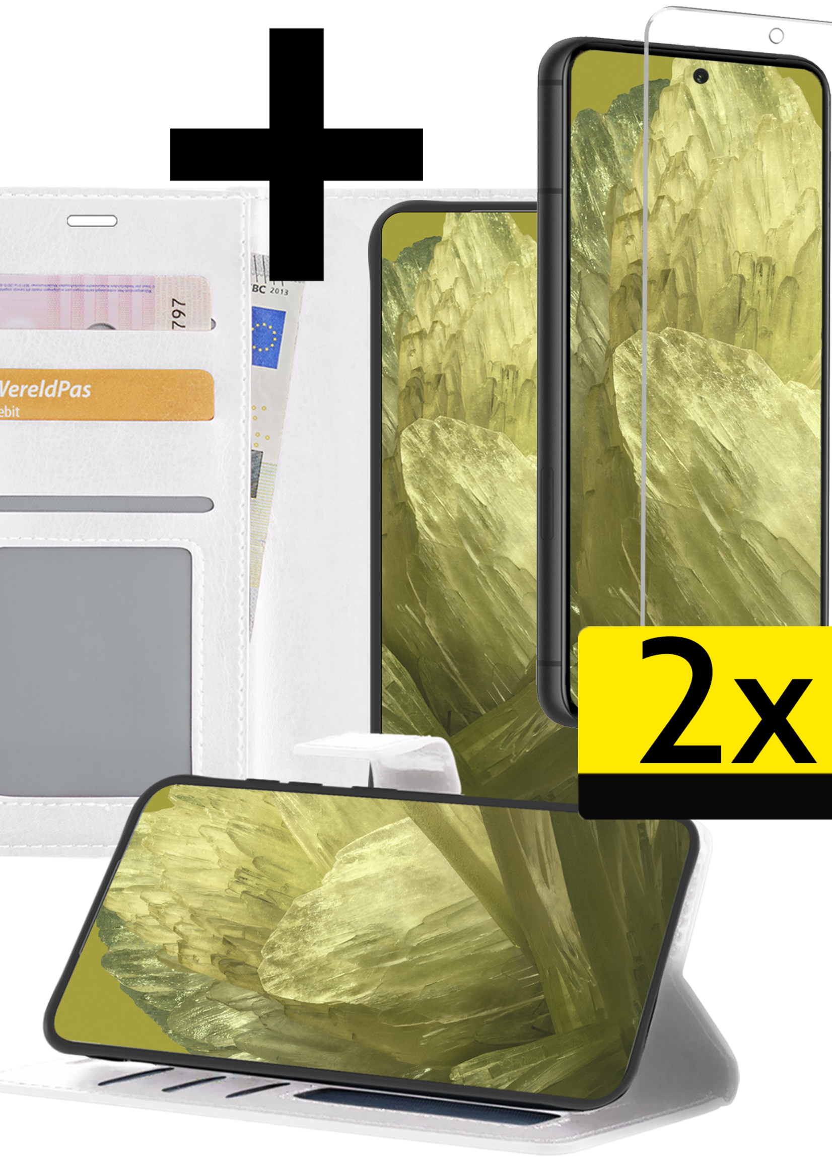 LUQ Hoesje Geschikt voor Google Pixel 8a Hoesje Book Case Hoes Wallet Cover Met 2x Screenprotector - Hoes Geschikt voor Google Pixel 8a Hoesje Bookcase Hoes - Wit