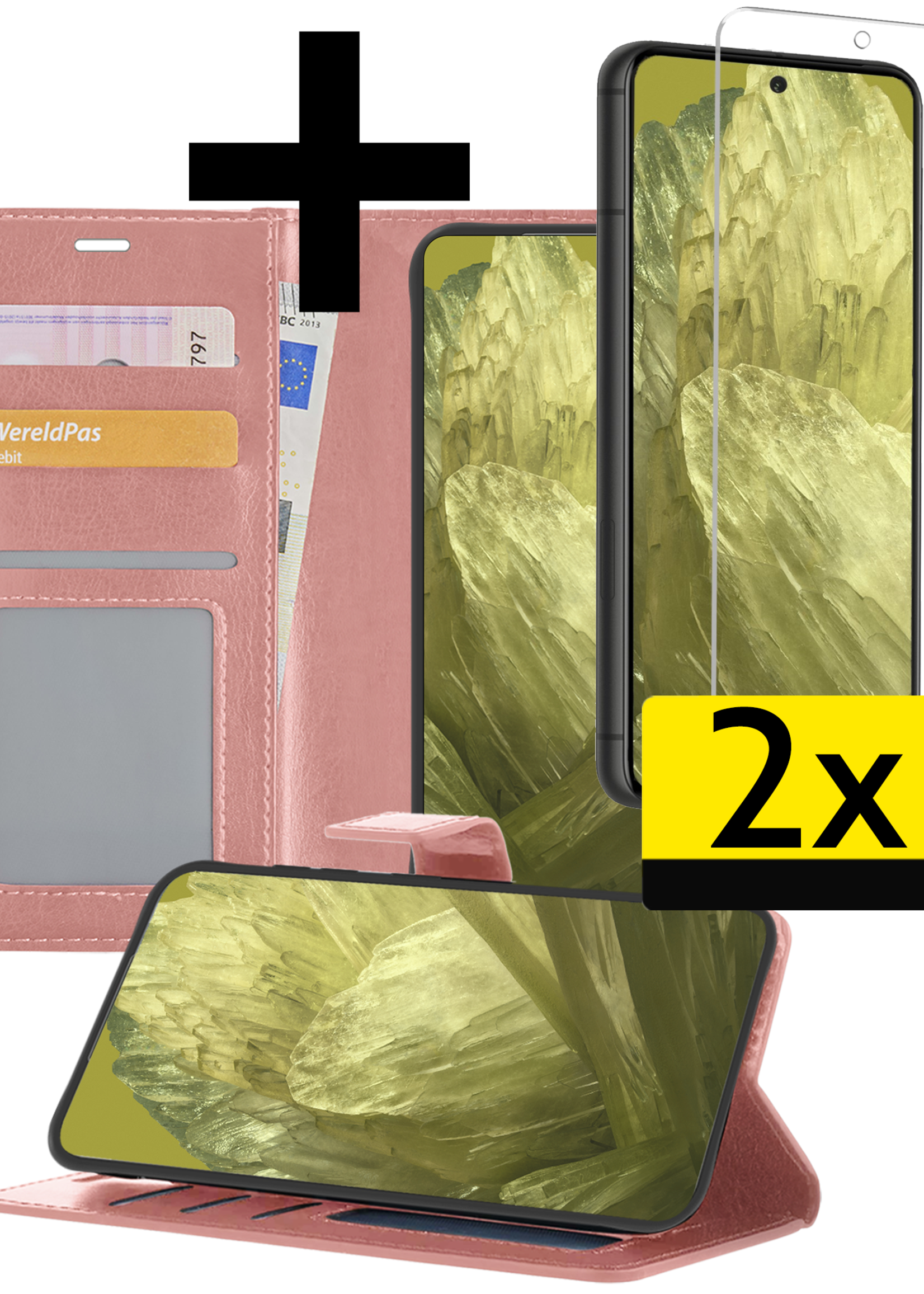LUQ Hoesje Geschikt voor Google Pixel 8a Hoesje Book Case Hoes Wallet Cover Met 2x Screenprotector - Hoes Geschikt voor Google Pixel 8a Hoesje Bookcase Hoes - Rosé goud