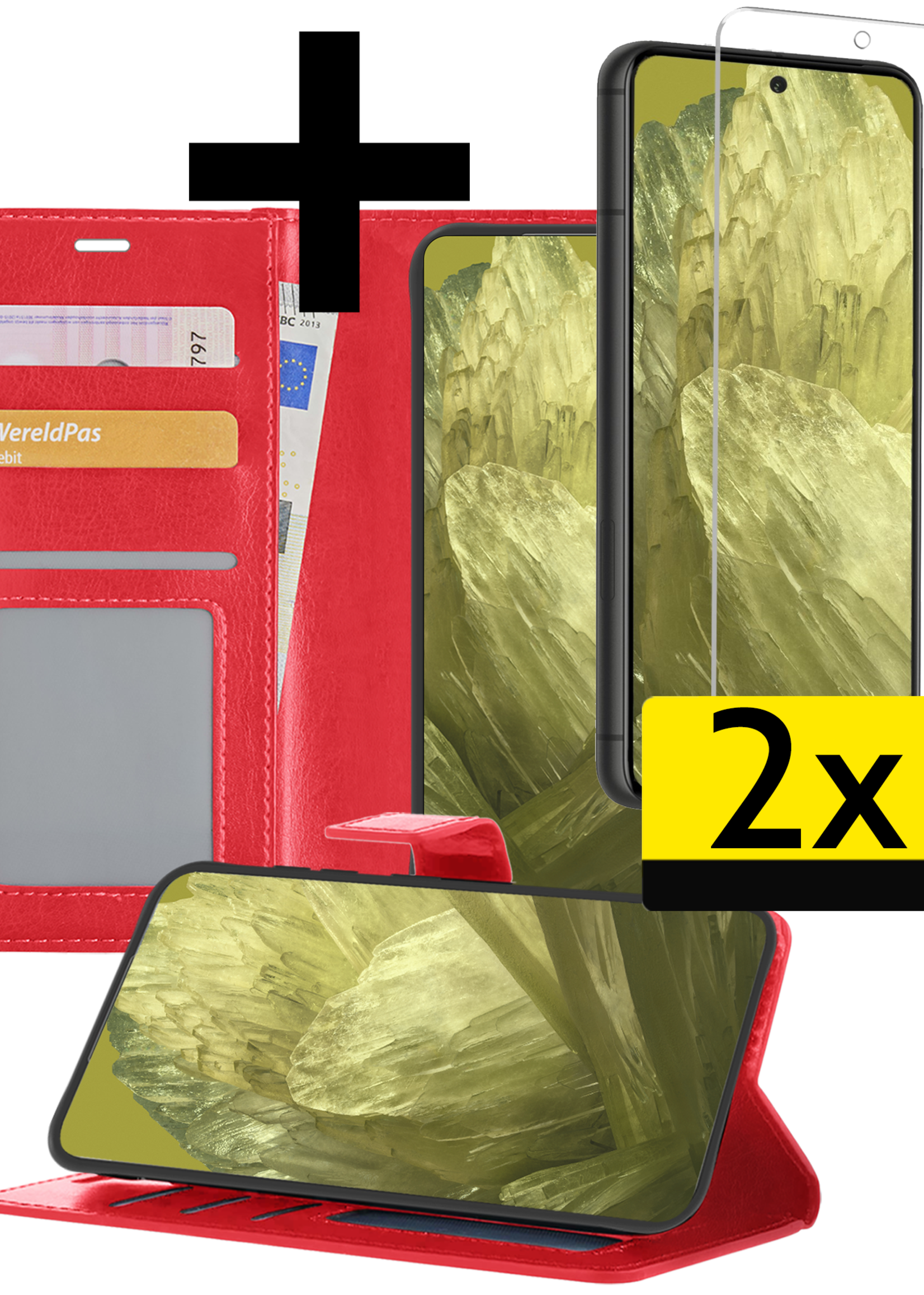 LUQ Hoesje Geschikt voor Google Pixel 8a Hoesje Book Case Hoes Wallet Cover Met 2x Screenprotector - Hoes Geschikt voor Google Pixel 8a Hoesje Bookcase Hoes - Rood