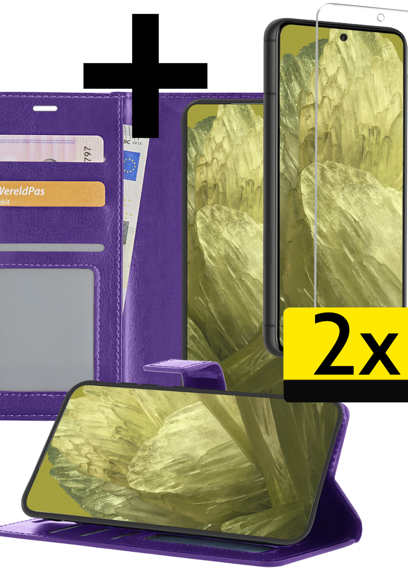 LUQ Hoesje Geschikt voor Google Pixel 8a Hoesje Book Case Hoes Wallet Cover Met 2x Screenprotector - Hoes Geschikt voor Google Pixel 8a Hoesje Bookcase Hoes - Paars