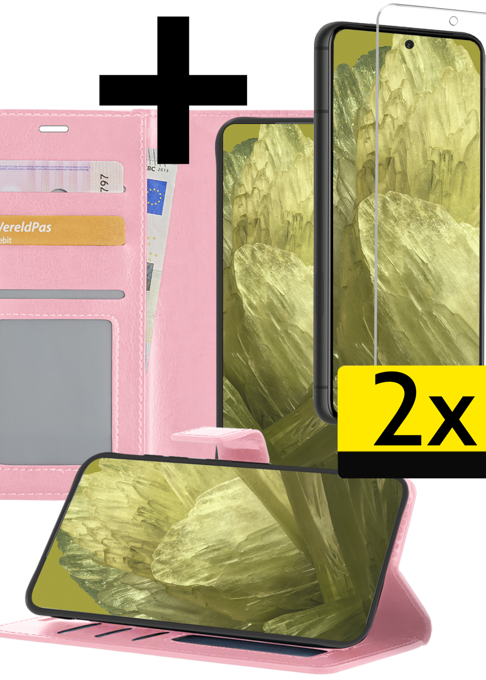 LUQ Hoesje Geschikt voor Google Pixel 8a Hoesje Book Case Hoes Wallet Cover Met 2x Screenprotector - Hoes Geschikt voor Google Pixel 8a Hoesje Bookcase Hoes - Lichtroze