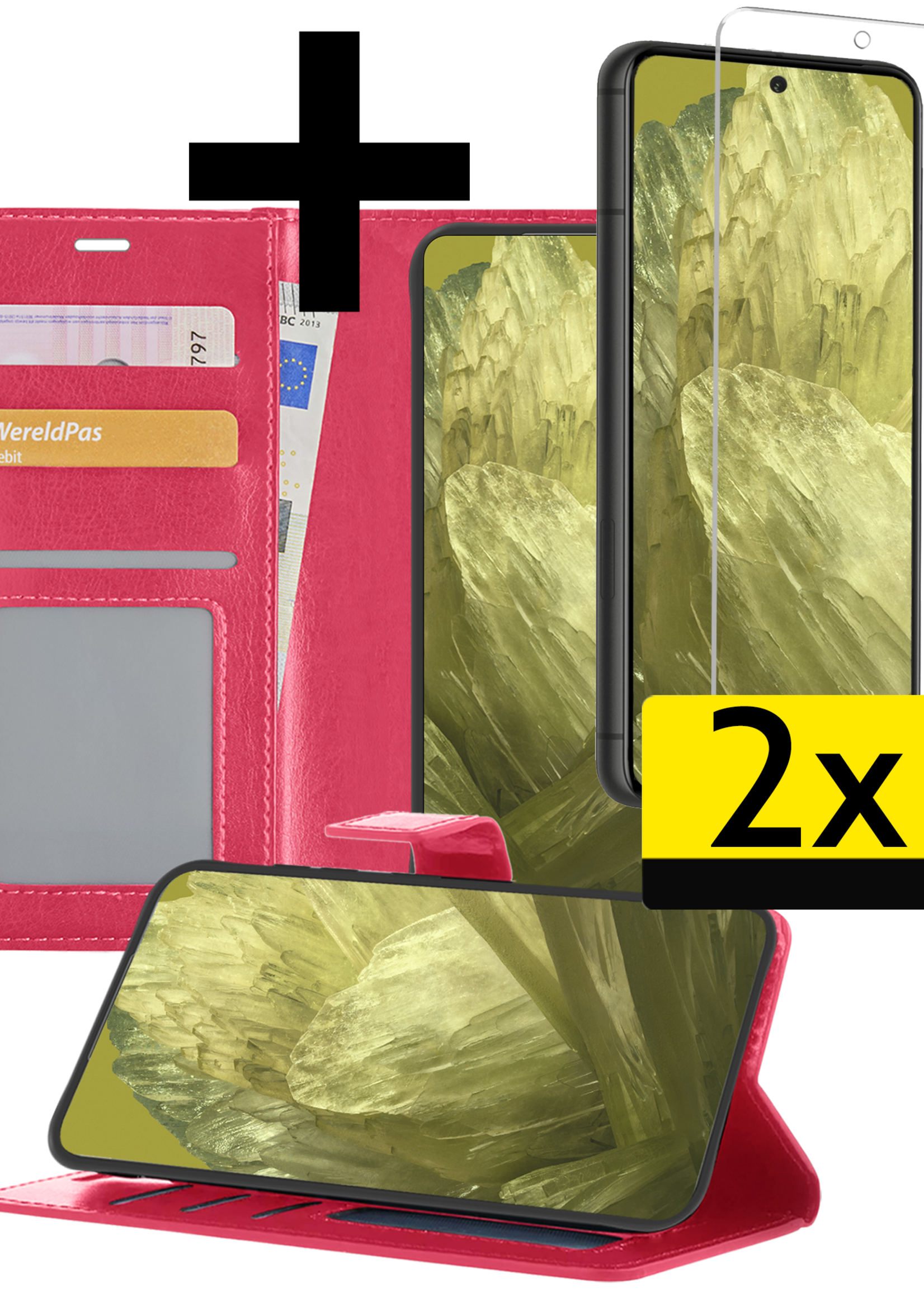 LUQ Hoesje Geschikt voor Google Pixel 8a Hoesje Book Case Hoes Wallet Cover Met 2x Screenprotector - Hoes Geschikt voor Google Pixel 8a Hoesje Bookcase Hoes - Donkerroze