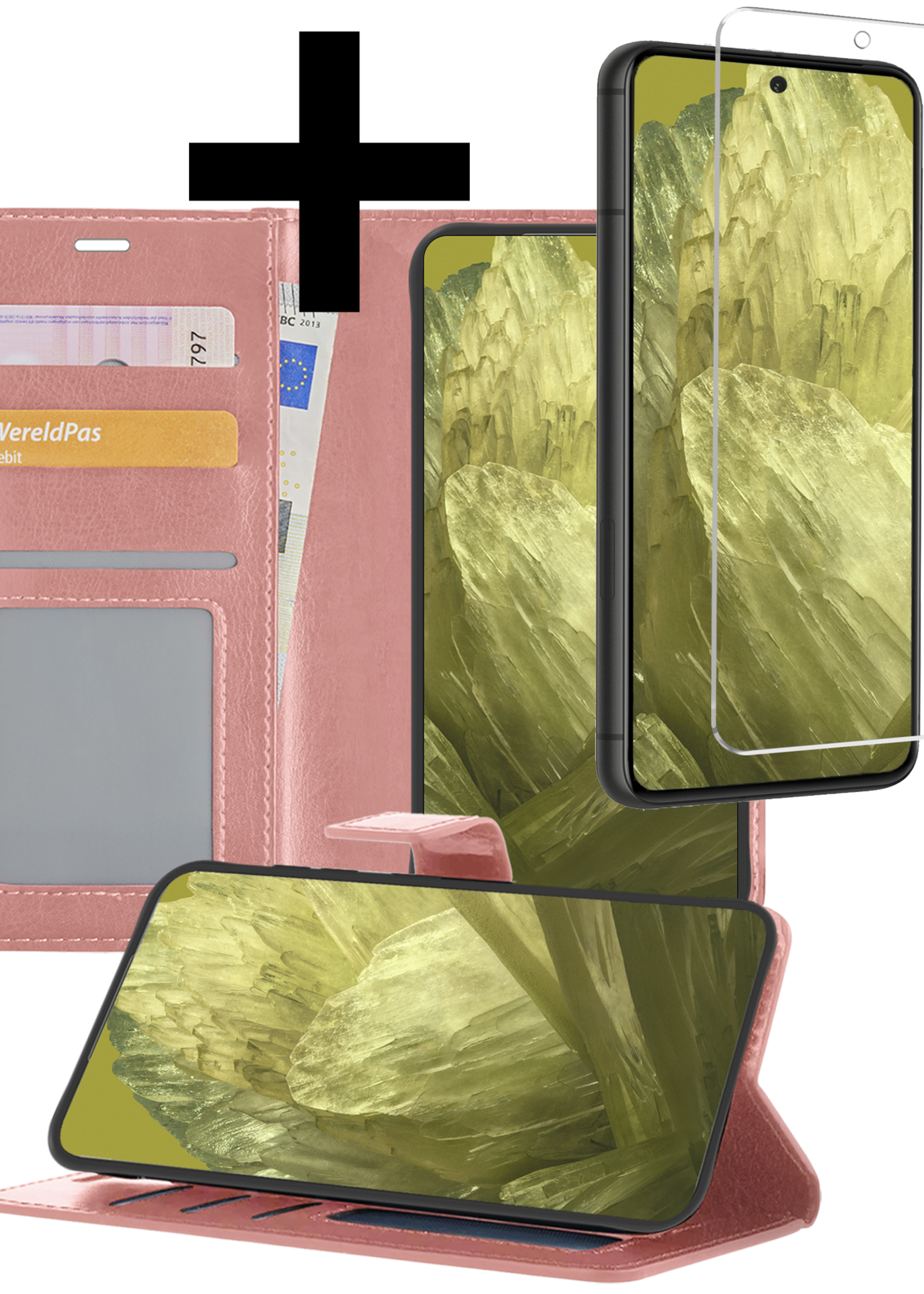 LUQ Hoesje Geschikt voor Google Pixel 8a Hoesje Book Case Hoes Wallet Cover Met Screenprotector - Hoes Geschikt voor Google Pixel 8a Hoesje Bookcase Hoes - Rosé goud