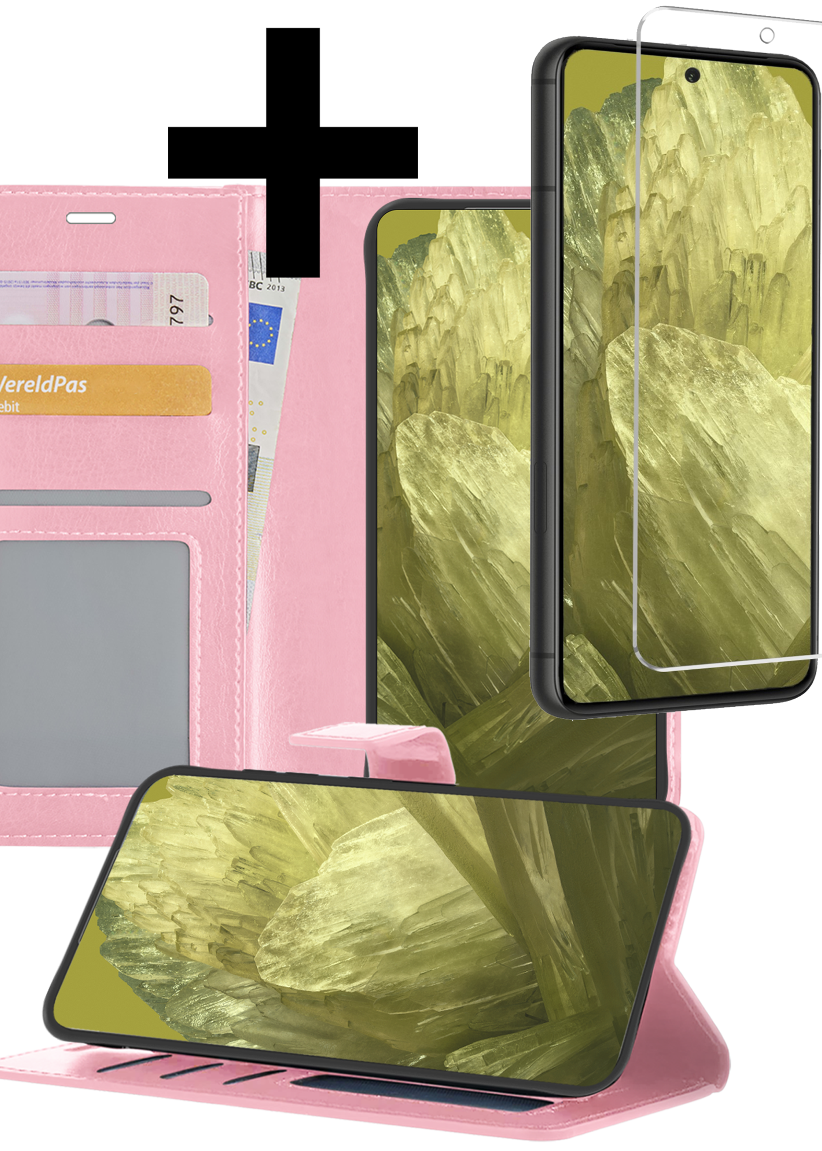 LUQ Hoesje Geschikt voor Google Pixel 8a Hoesje Book Case Hoes Wallet Cover Met Screenprotector - Hoes Geschikt voor Google Pixel 8a Hoesje Bookcase Hoes - Lichtroze