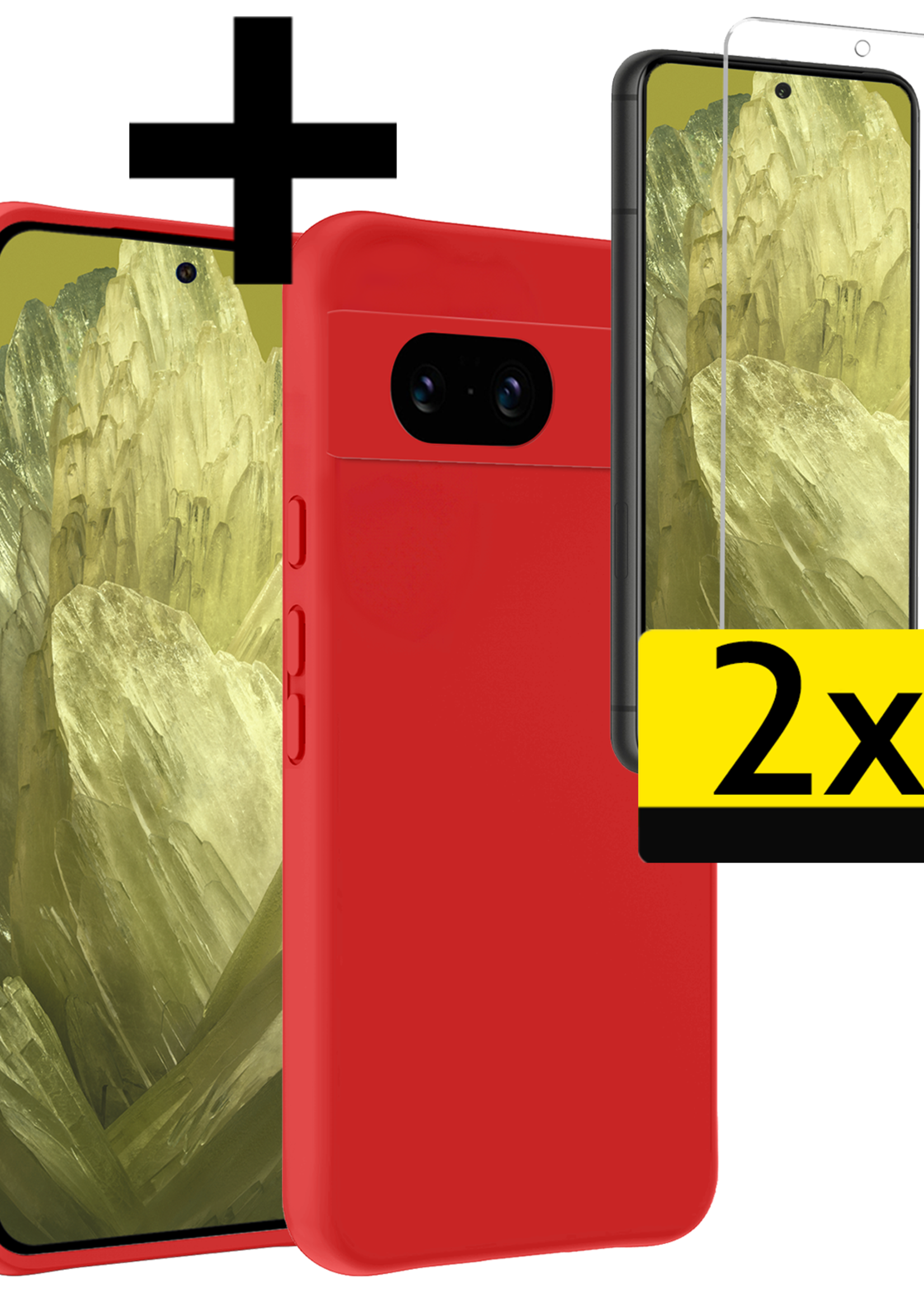 LUQ Hoesje Geschikt voor Google Pixel 8a Hoesje Siliconen Case Met 2x Screenprotector - Hoes Geschikt voor Google Pixel 8a Hoes Siliconen - Rood