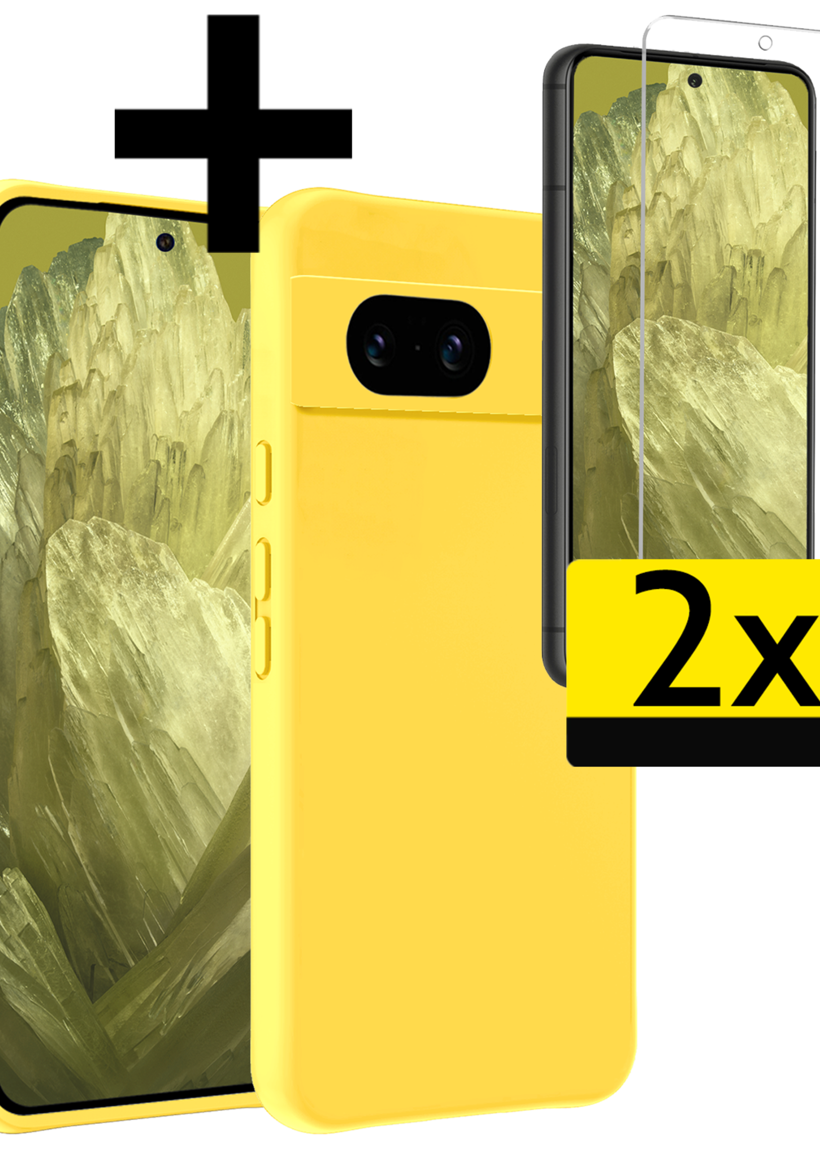 LUQ Hoesje Geschikt voor Google Pixel 8a Hoesje Siliconen Case Met 2x Screenprotector - Hoes Geschikt voor Google Pixel 8a Hoes Siliconen - Geel