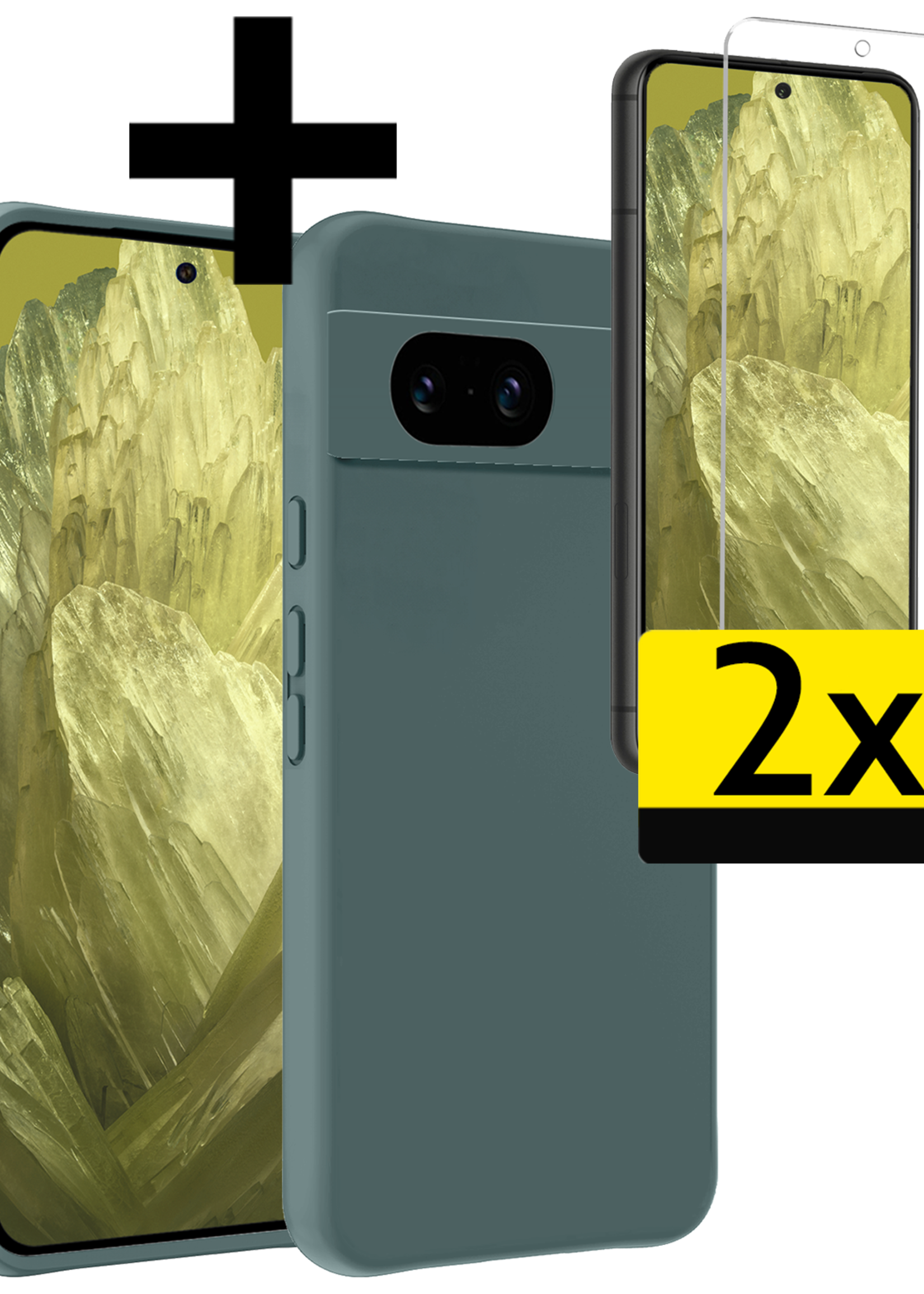 LUQ Hoesje Geschikt voor Google Pixel 8a Hoesje Siliconen Case Met 2x Screenprotector - Hoes Geschikt voor Google Pixel 8a Hoes Siliconen - Donkergroen