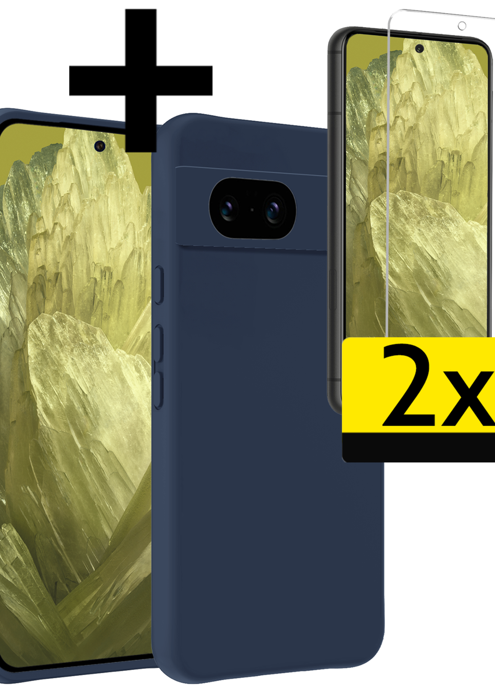 LUQ Hoesje Geschikt voor Google Pixel 8a Hoesje Siliconen Case Met 2x Screenprotector - Hoes Geschikt voor Google Pixel 8a Hoes Siliconen - Donkerblauw