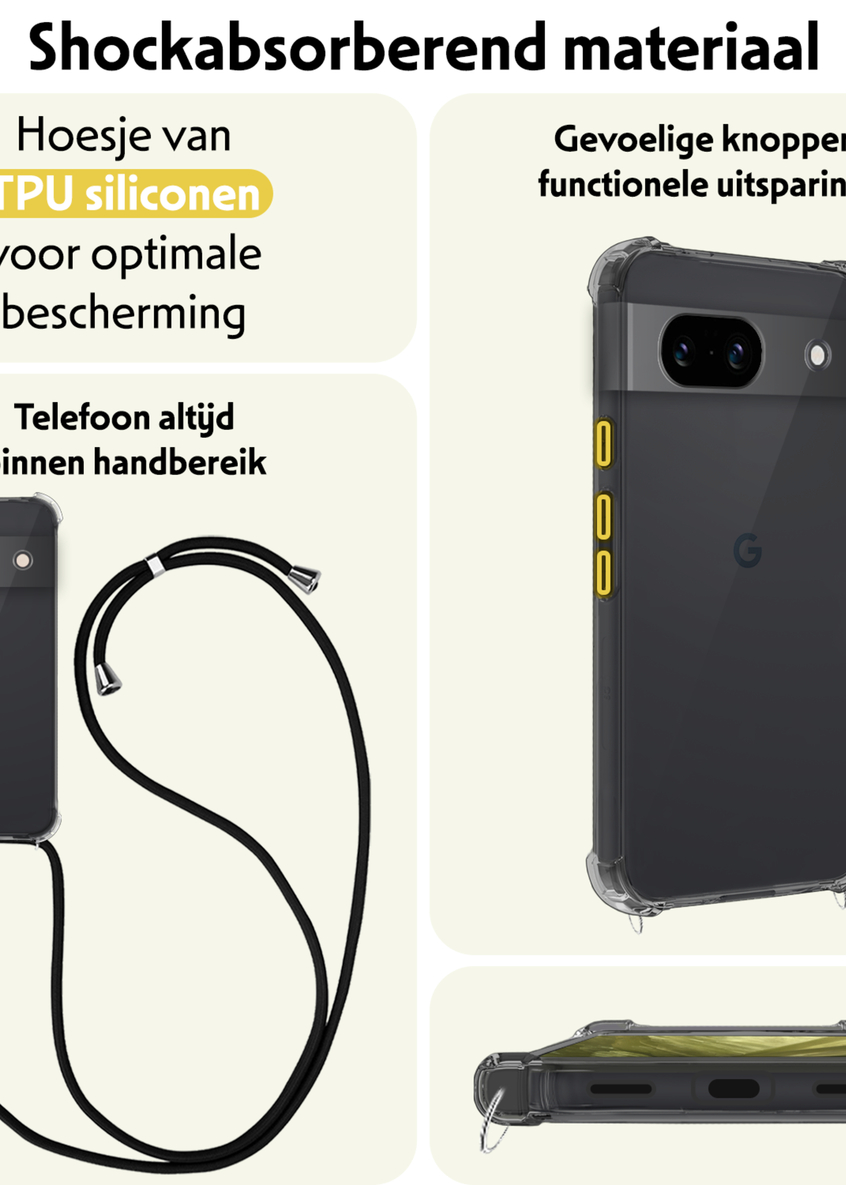 LUQ Hoesje Geschikt voor Google Pixel 8a Hoesje Shockproof Case Siliconen Hoes Met Koord - Transparant