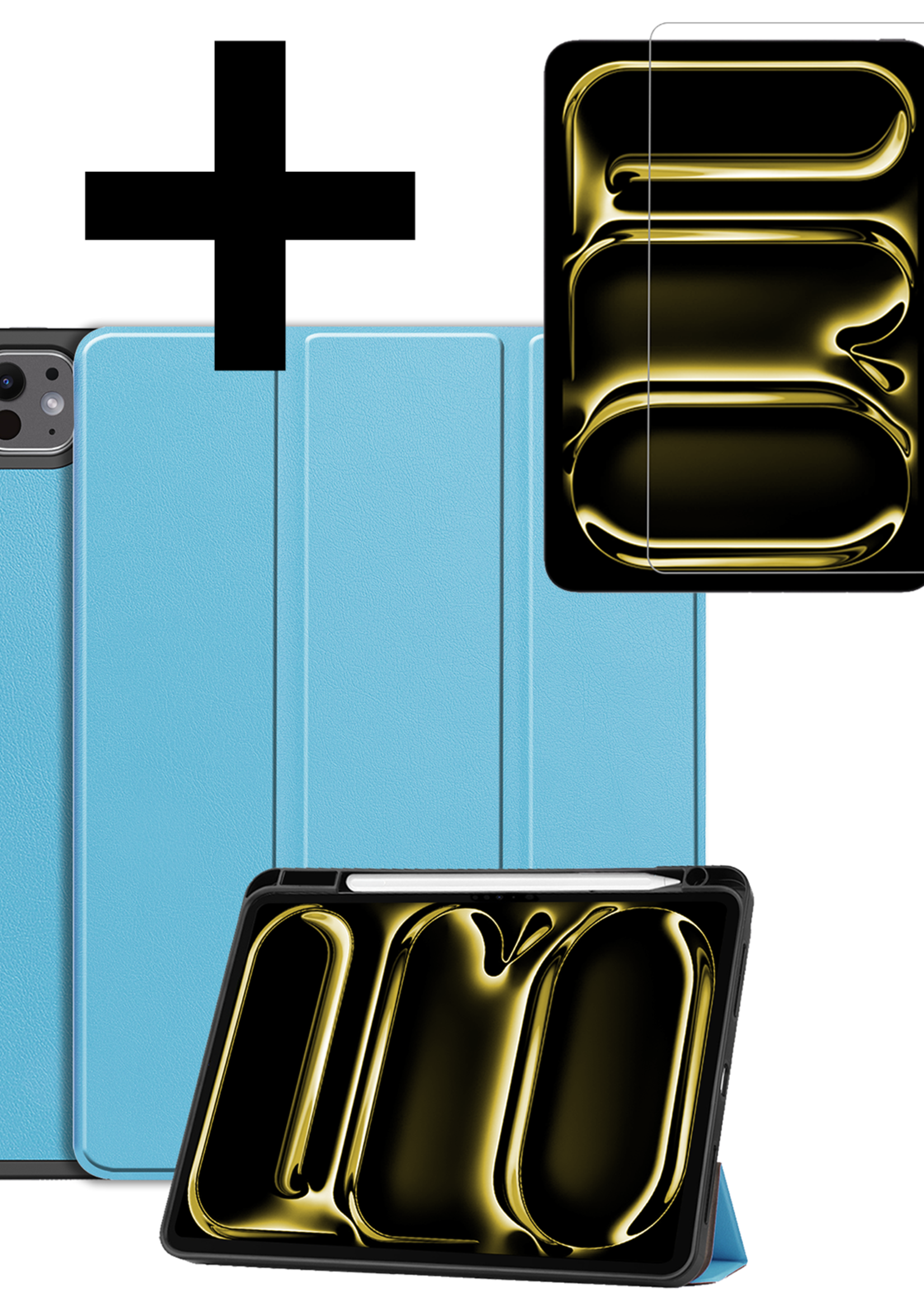 LUQ Hoes Geschikt voor iPad Pro 2024 (11 inch) Hoes Luxe Hoesje Case Met Uitsparing Geschikt voor Apple Pencil Met Screenprotector - Hoesje Geschikt voor iPad Pro 2024 11 inch (7e generatie) Hoes Cover - Lichtblauw