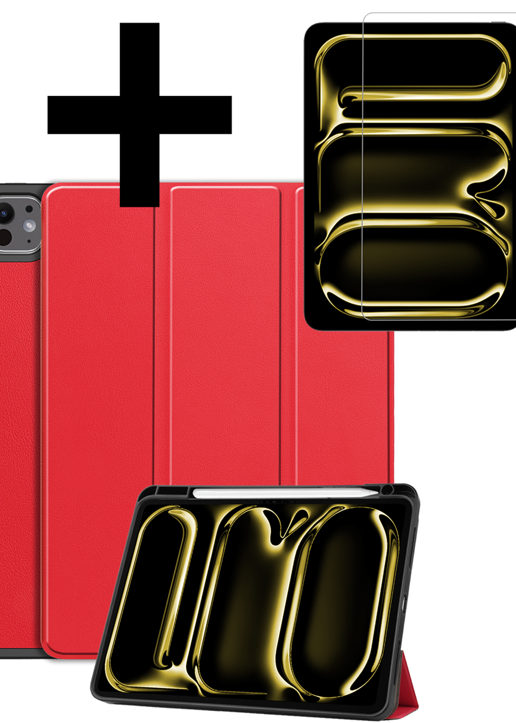 LUQ Hoes Geschikt voor iPad Pro 2024 (11 inch) Hoes Luxe Hoesje Case Met Uitsparing Geschikt voor Apple Pencil Met Screenprotector - Hoesje Geschikt voor iPad Pro 2024 11 inch (7e generatie) Hoes Cover - Rood